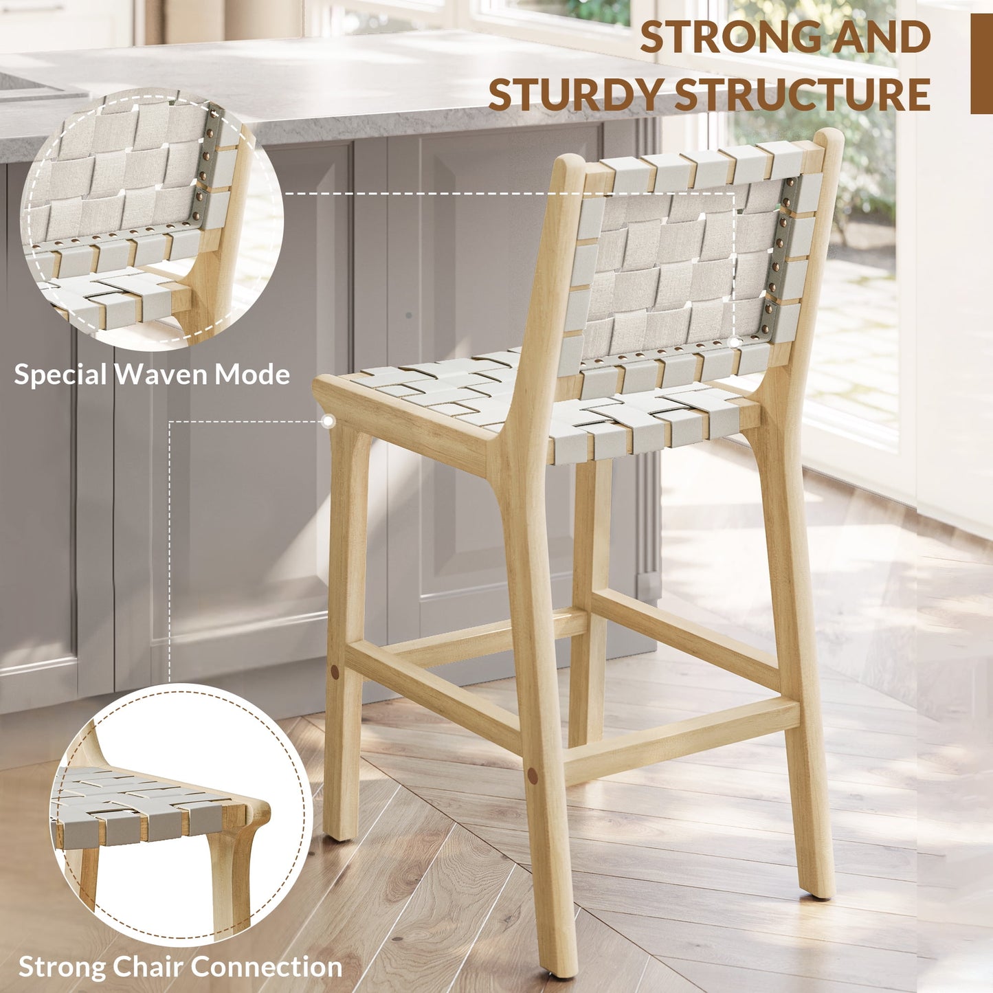 BELLEZE Woven Counter Stools 24 inch Set of 2, Boho Bar Stools with Back Faux Leather Kitchen Stools Island Chairs with Solid Wood Frame for Dining Room Home Kitchen - Morgan (White)