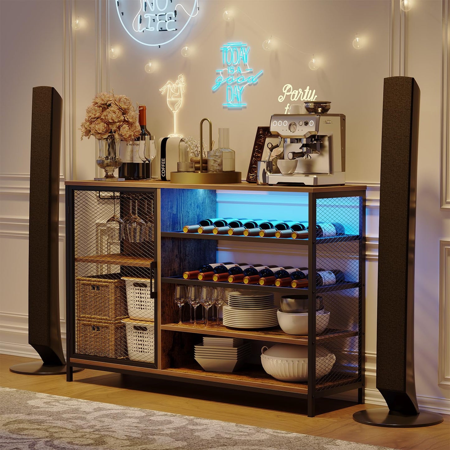 2024 New Bar Cabinet Wine Cabinet with Power Outlets, Liquor Cabinet with RGB Led Lights and Glass Holder, Storage Buffet Cabinet Coffee Bar Cabinet for Liquor, for Living Room