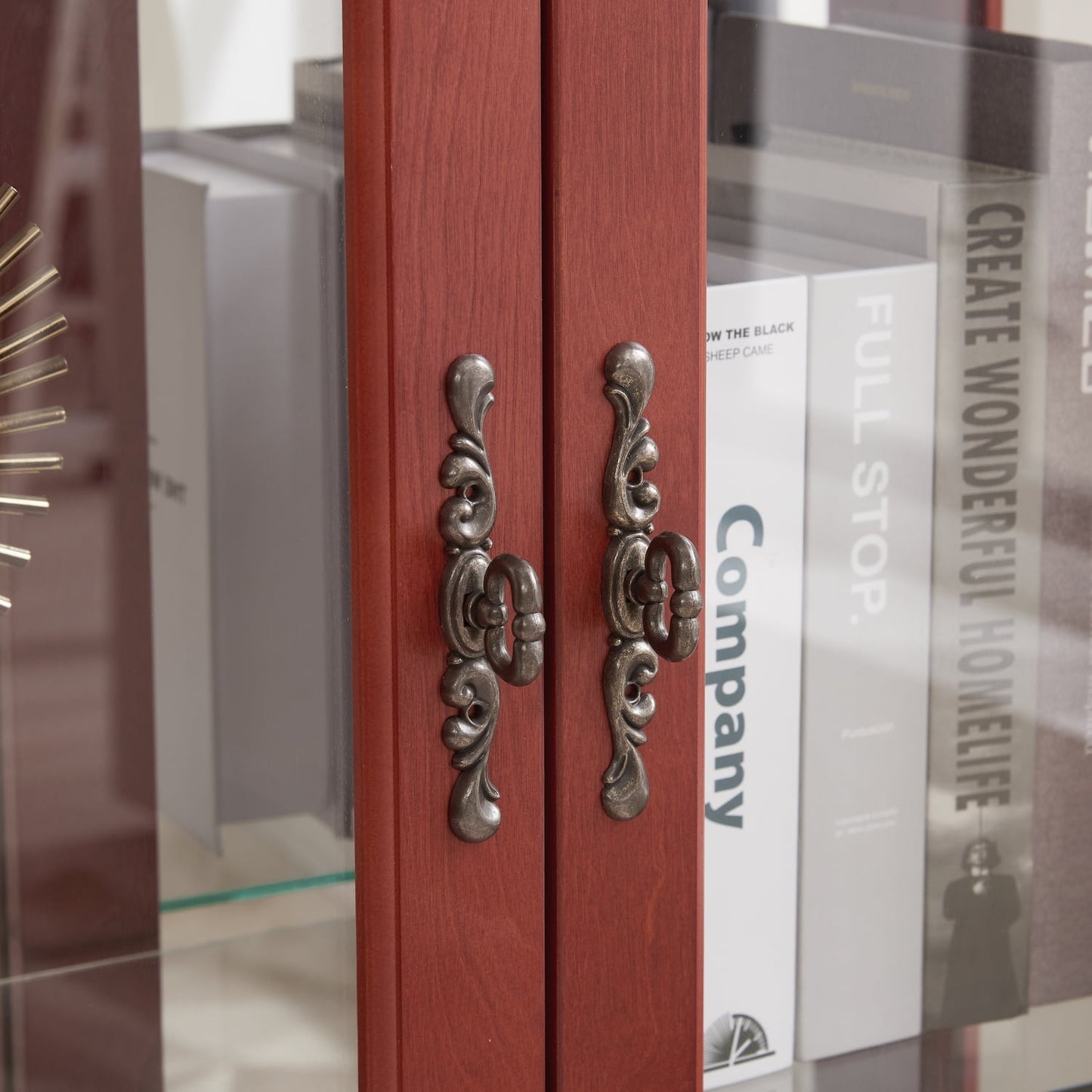 HD JUNTUNKOR 2 Doors Curio Cabinet with Tempered Glass Doors, Lighted Display Cabinet for Home, Office, Cherry