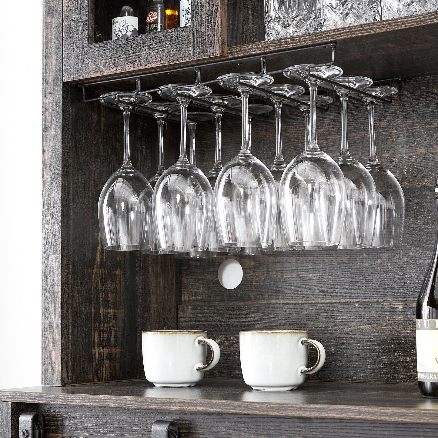 2024 New Farmhouse Coffee Bar Cabinet with Sliding Barn Door, 72in Tall Buffet Cabinet with Storage Shelves, Liquor Cabinet with Wine and Glasses Rack,Sideboard Cupboard for Kitchen,Dining Room