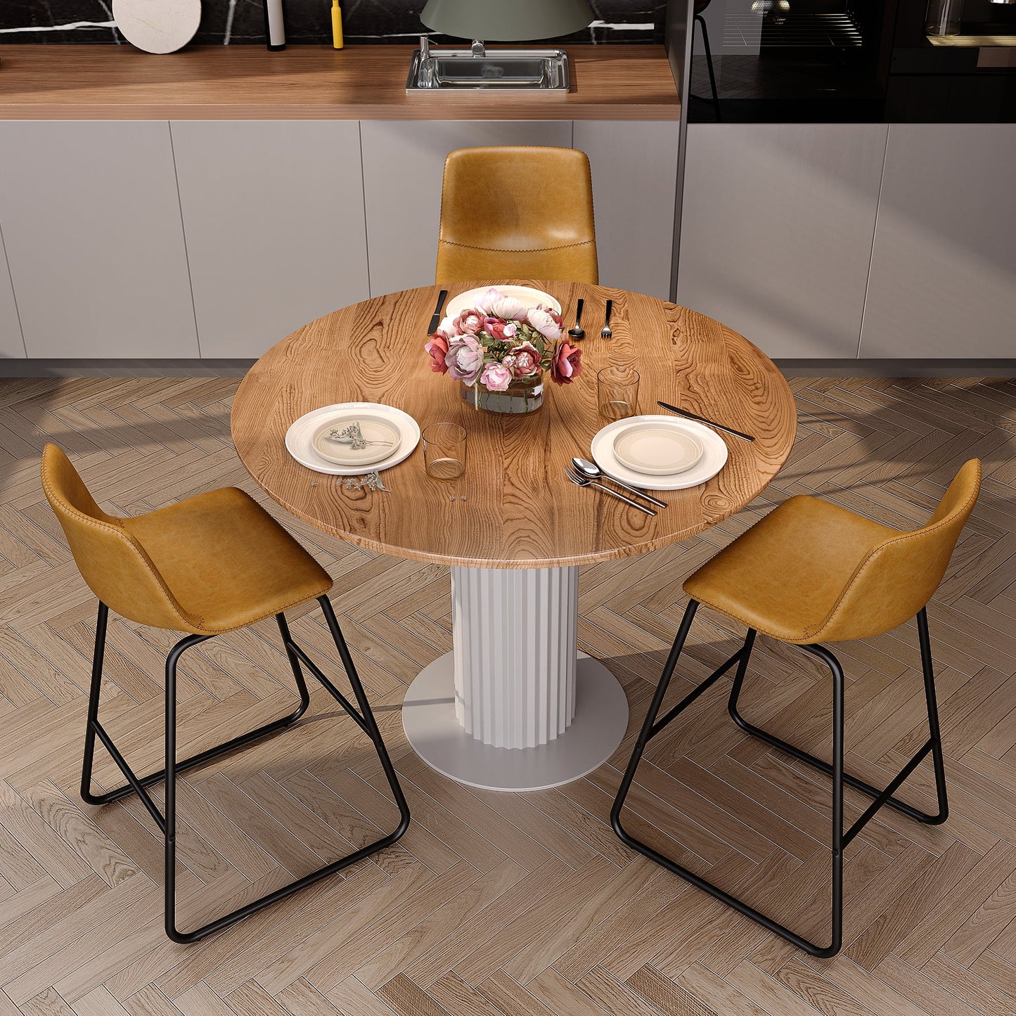 YaFiti Bar Stools 26in Faux Leather Counter Height Barstools with Back Set of 3, Modern Counter Stools with Metal Legs and Footrest, Armless Chairs with Back for Kitchen Living Room Pub, Whiskey Brown