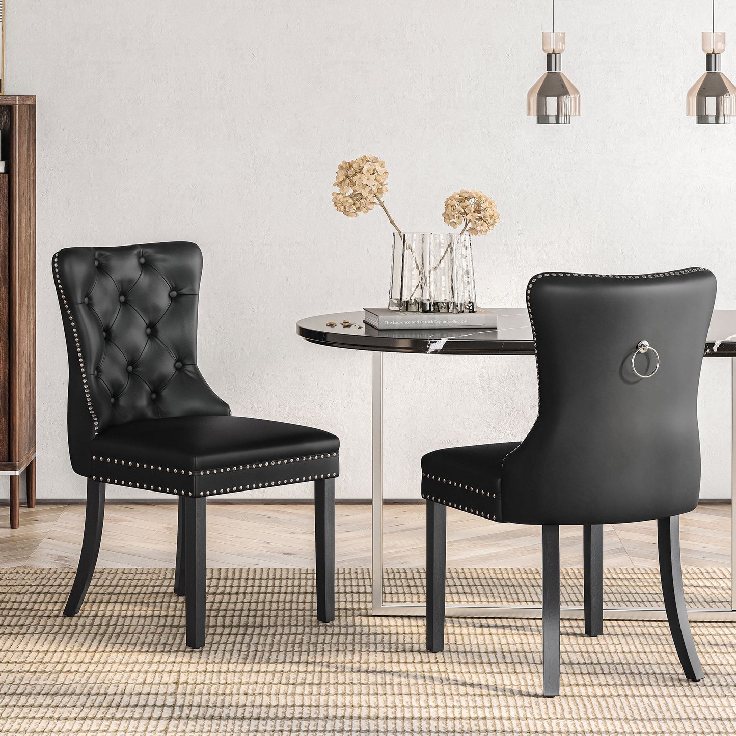 BELLEZE Upholstered Dining Chairs Set of 2, Faux Leather Luxury Dining Room Chairs with Button Back, Nailhead Trim, Pull-ring, Solid Wood Legs for Kitchen, Living Room, Restaurant - Chandler (Black)