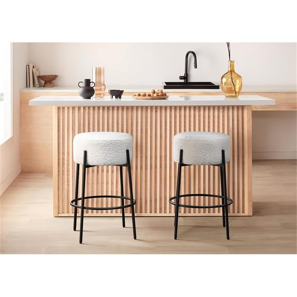29in Barstool Black Steel Legs with White Fabric Upholstered Seat (Set of 2)