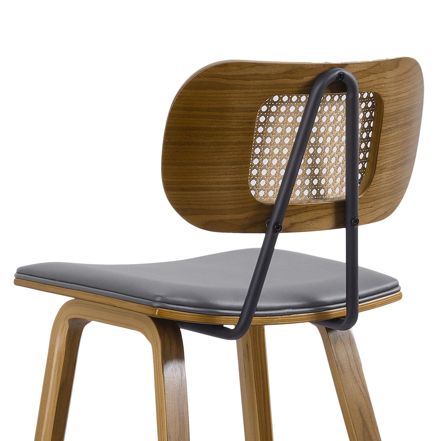 26in Counter Height Bar Stools with Rattan Back Set of 1, Mid Century Modern Wooden Stool PU Leather Upholstered Bar Chair for Kitchen Island Dining Room