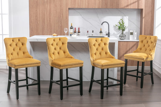 27in Contemporary Padded Bar Stools, Tufted Velvet Upholstered Barstools with Button Tufted Decoration, Chrome Nailhead Trim, Footrest and Solid Wood Legs (Gold,Set of 4)