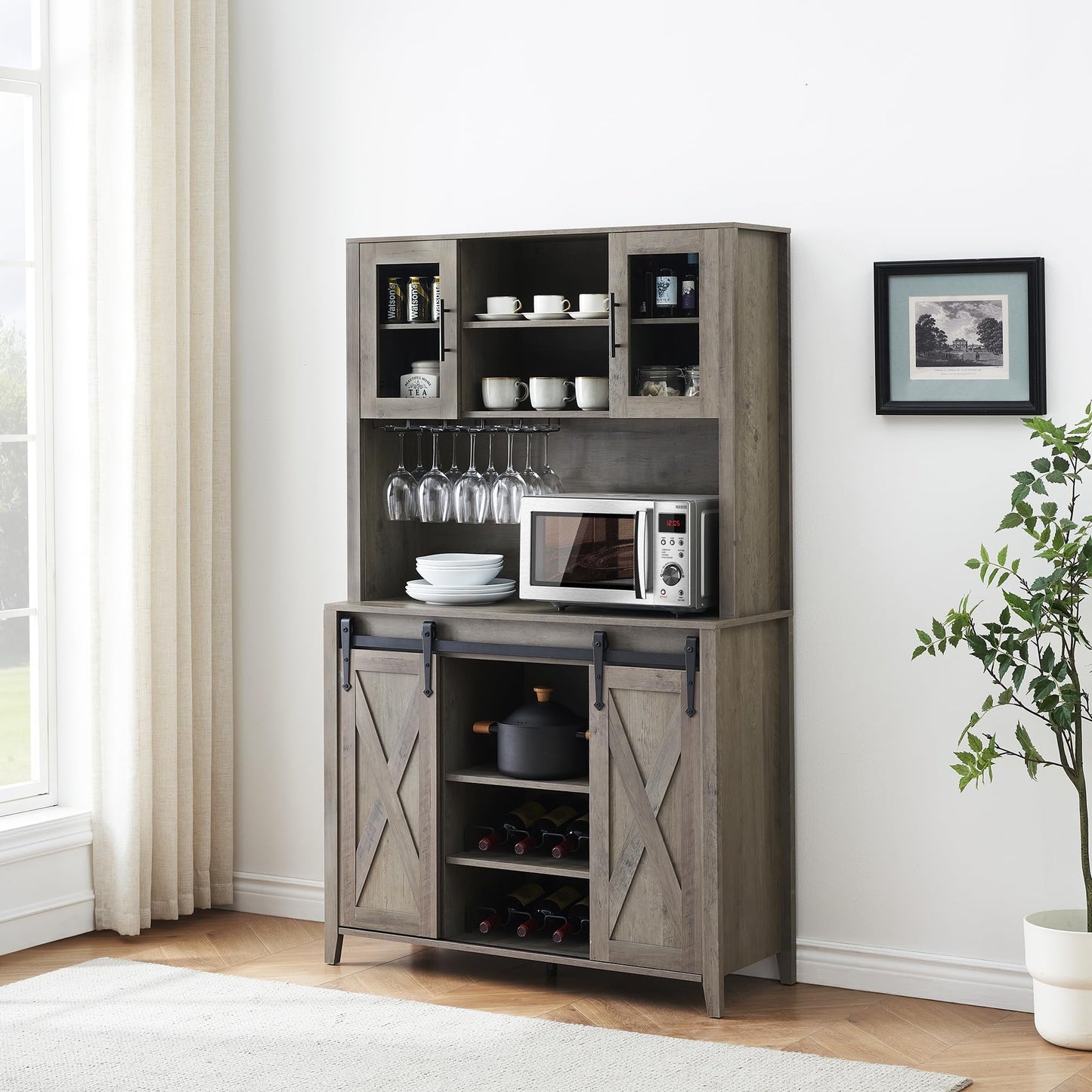 2024 New Farmhouse Coffee Bar Cabinet with Sliding Barn Door, 72in Tall Buffet Cabinet with Storage Shelves, Liquor Cabinet with Wine and Glasses Rack,Sideboard Cupboard for Kitchen,Dining Room