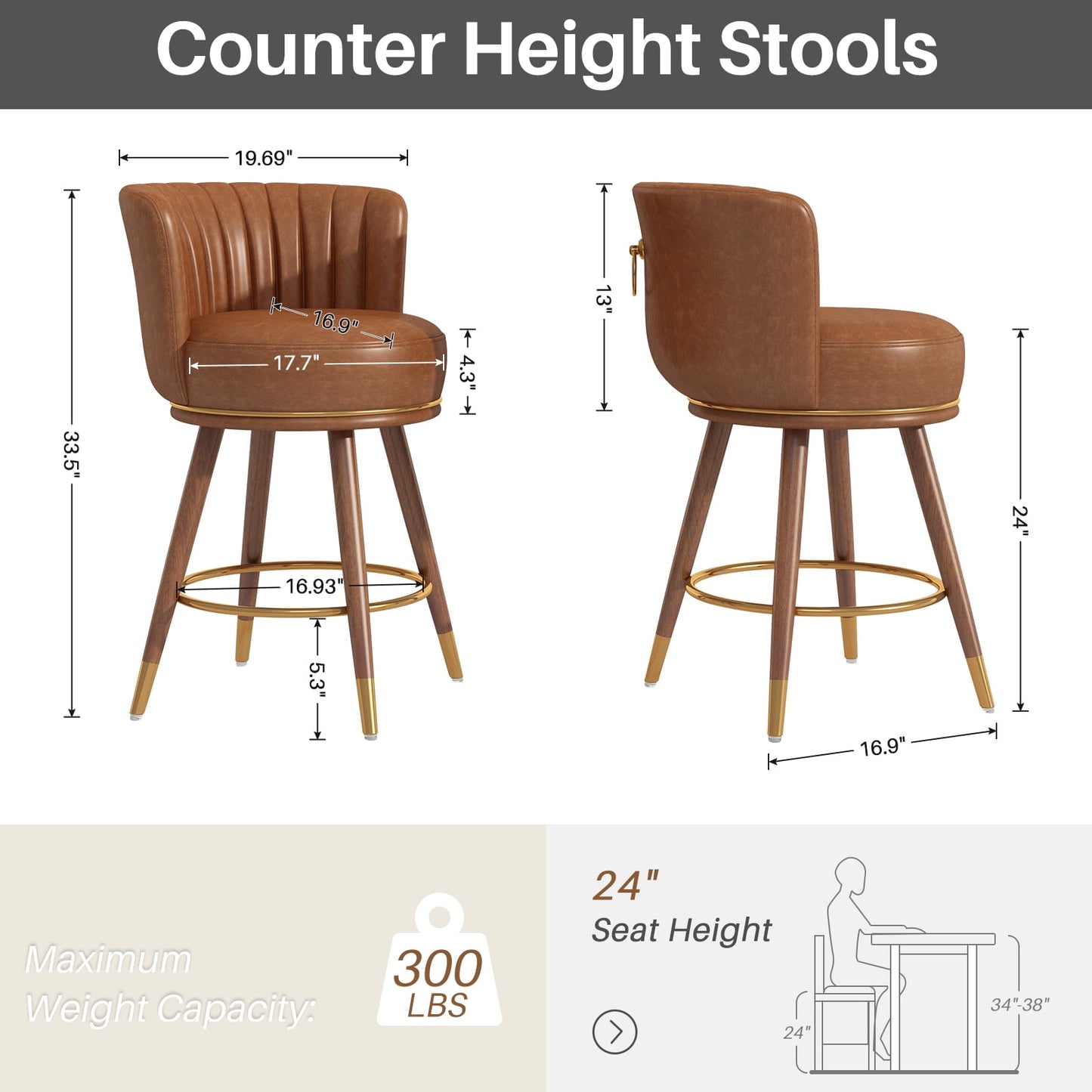 HomeZeer 24 Swivel Bar Stools Set of 4, Counter Height, Curved Backrest, Wood Legs, Brown