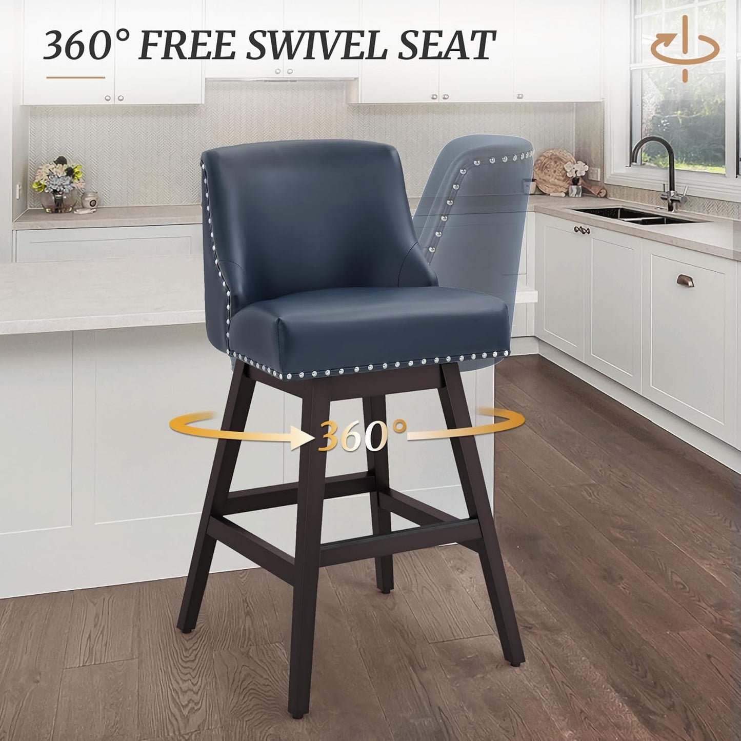 Dycanpo 30in H Swivel Bar Stools Set of 3 with Back Faux Leather for Home Kitchen Island,Navy Blue