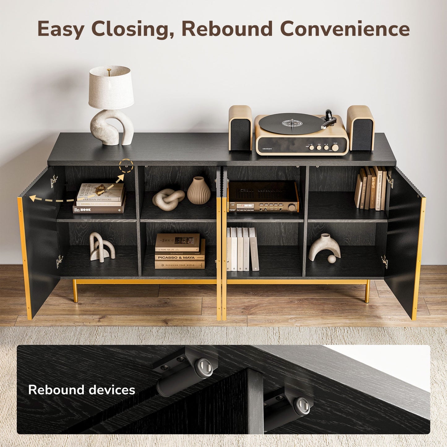 BELLEZE Sideboard Buffet Cabinet, 63in Storage Cabinet with 4 Doors and Adjustable Shelves, Sideboard Cabinet for Dinning Room, Kitchen & Living Room - Colemen (Ebony)