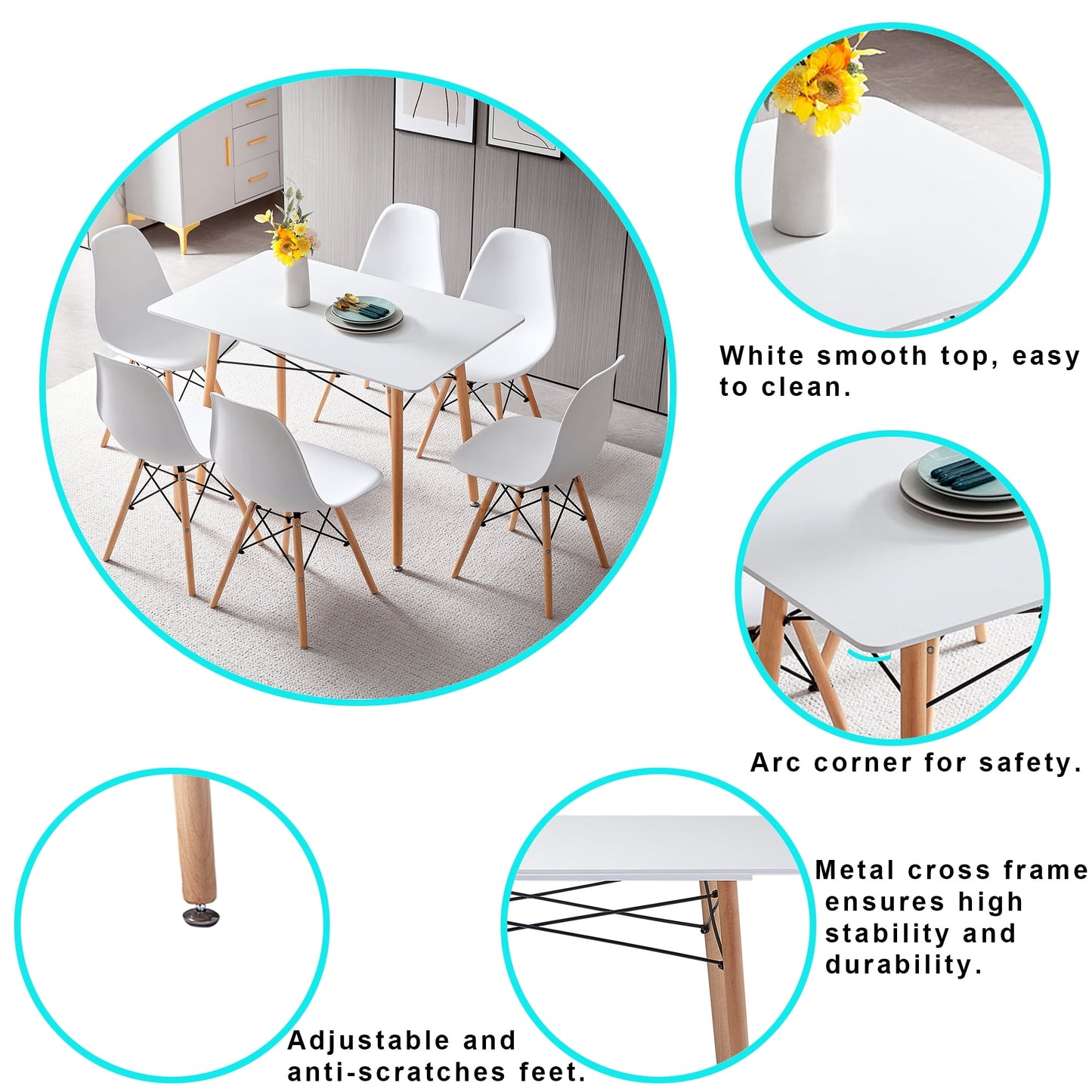 Symylife 7-Piece Dining Table Set, Solid Beech Wood Legs, Chair Seating for Six, White