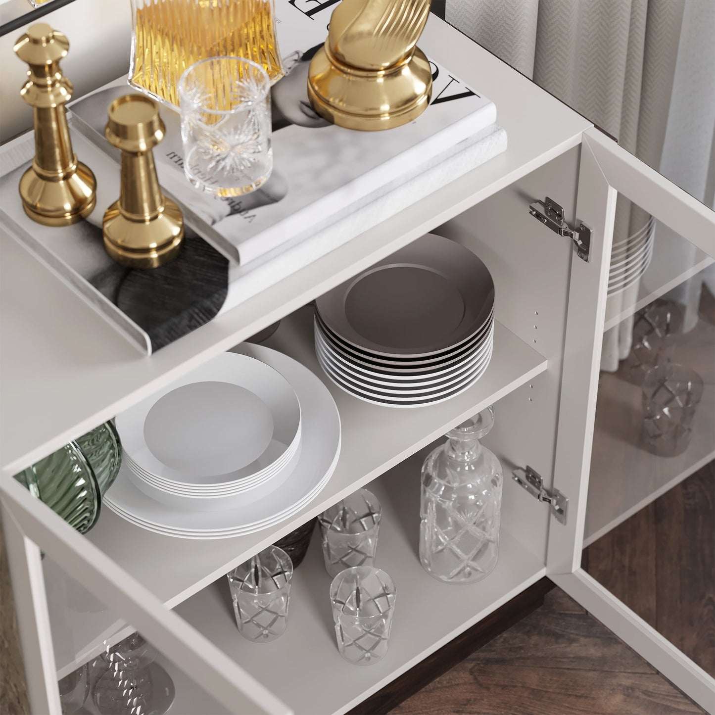 BELLEZE Sideboard Buffet Cabinet, Modern Wood Glass-Buffet-Sideboard with Storage, Console Table for Kitchen, Dinning Room, Living Room, Hallway, or Entrance - Brixston (White)