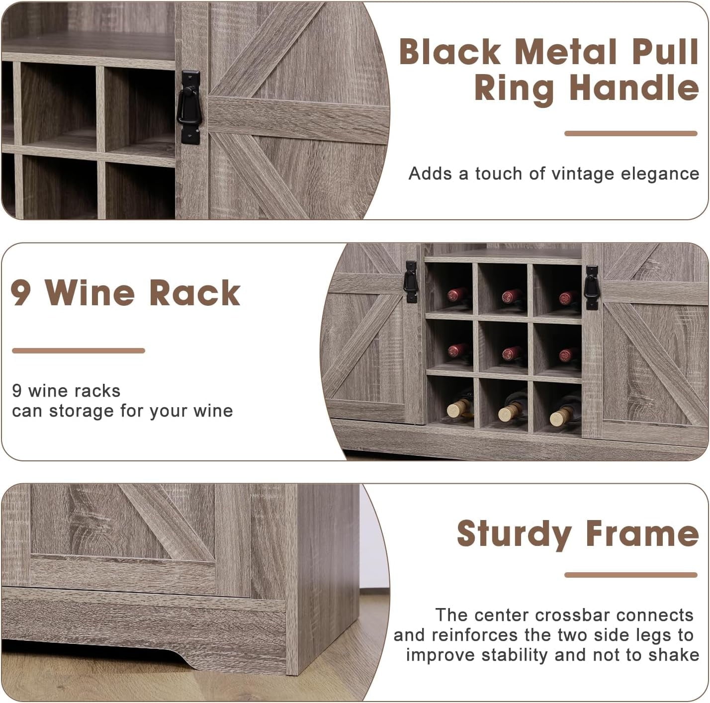 SNYNUXX 47?Æù Sideboard Cabinet, Storage Cabinet Buffet Table with Wine Rack & 6 Hooks, Storage for Kitchen and Living Room, Washed Gray