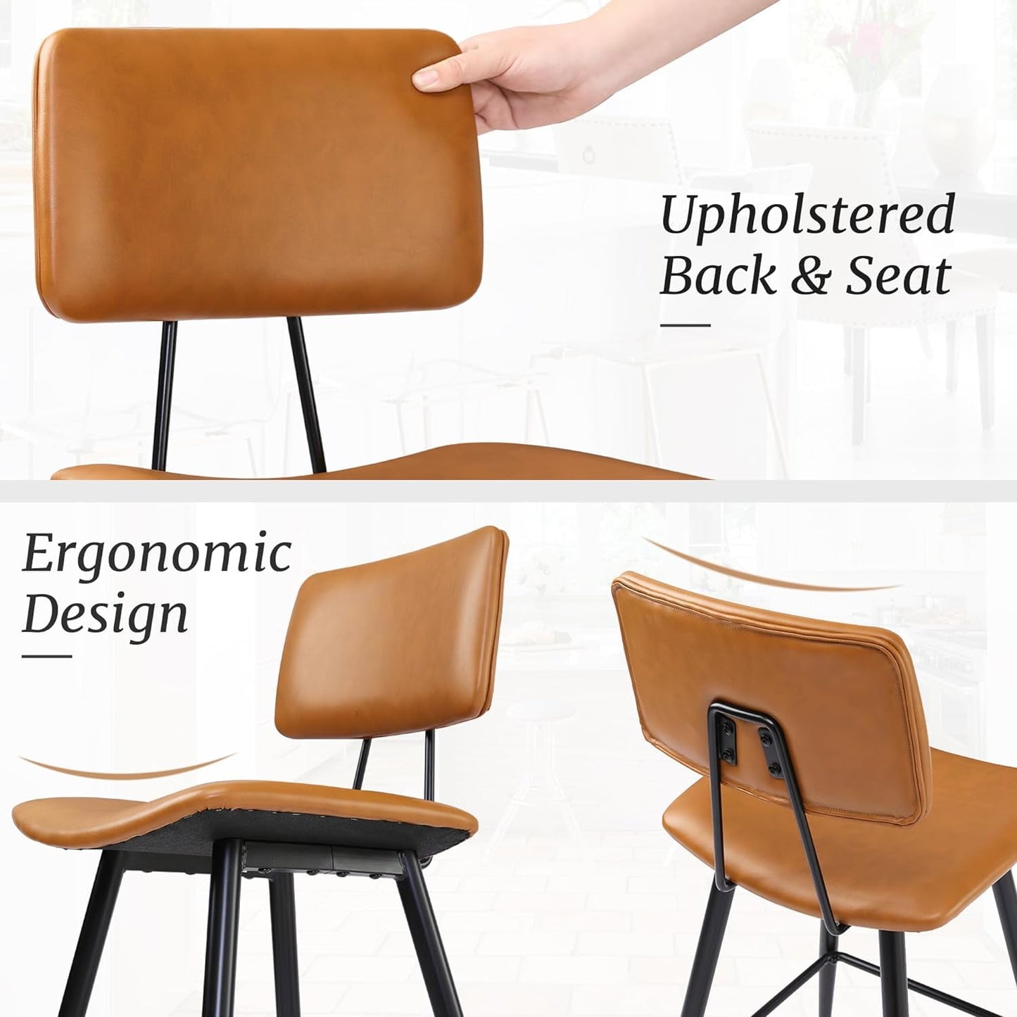 Dycanpo 24.5in Counter Height Bar Stools Set of 2, Faux Leather Upholstered Barstools, Brown