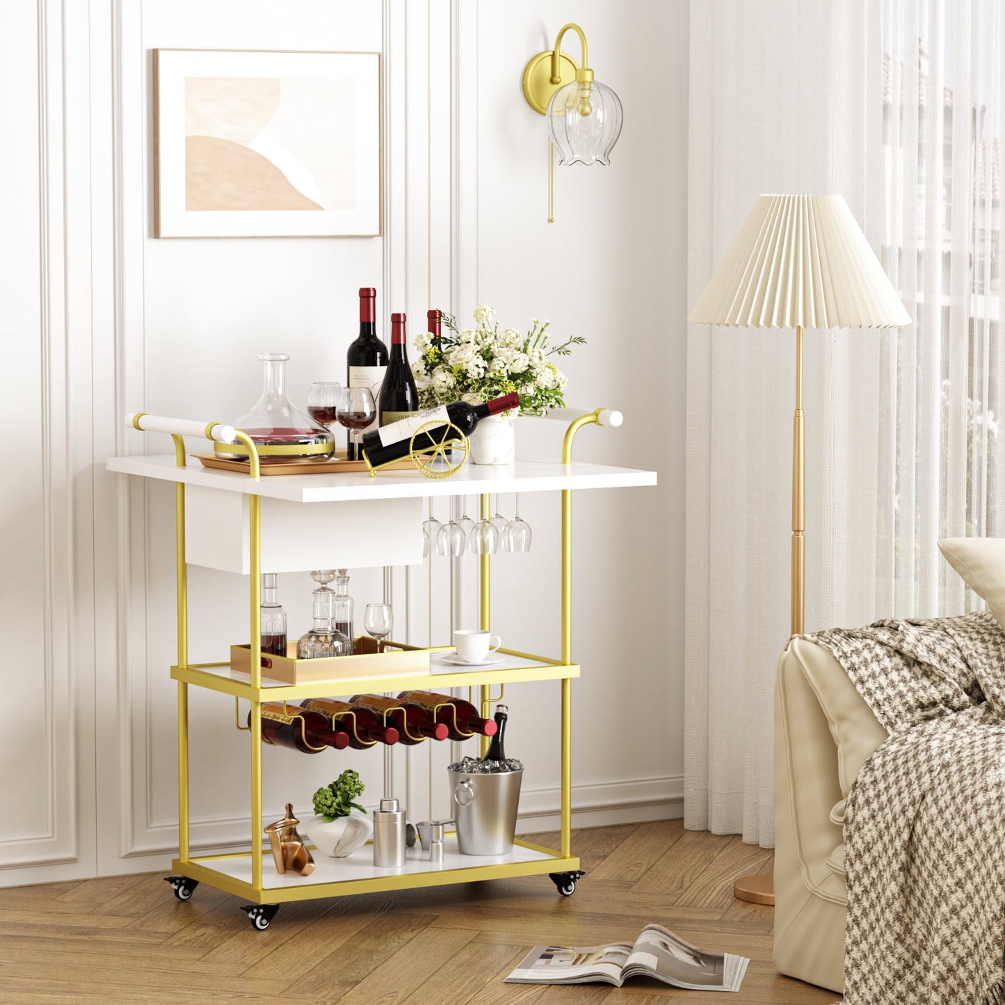 Veanerwood 3 Tier Home Bar Serving Cart on Wheels with Storage and Extendable Countertop, White