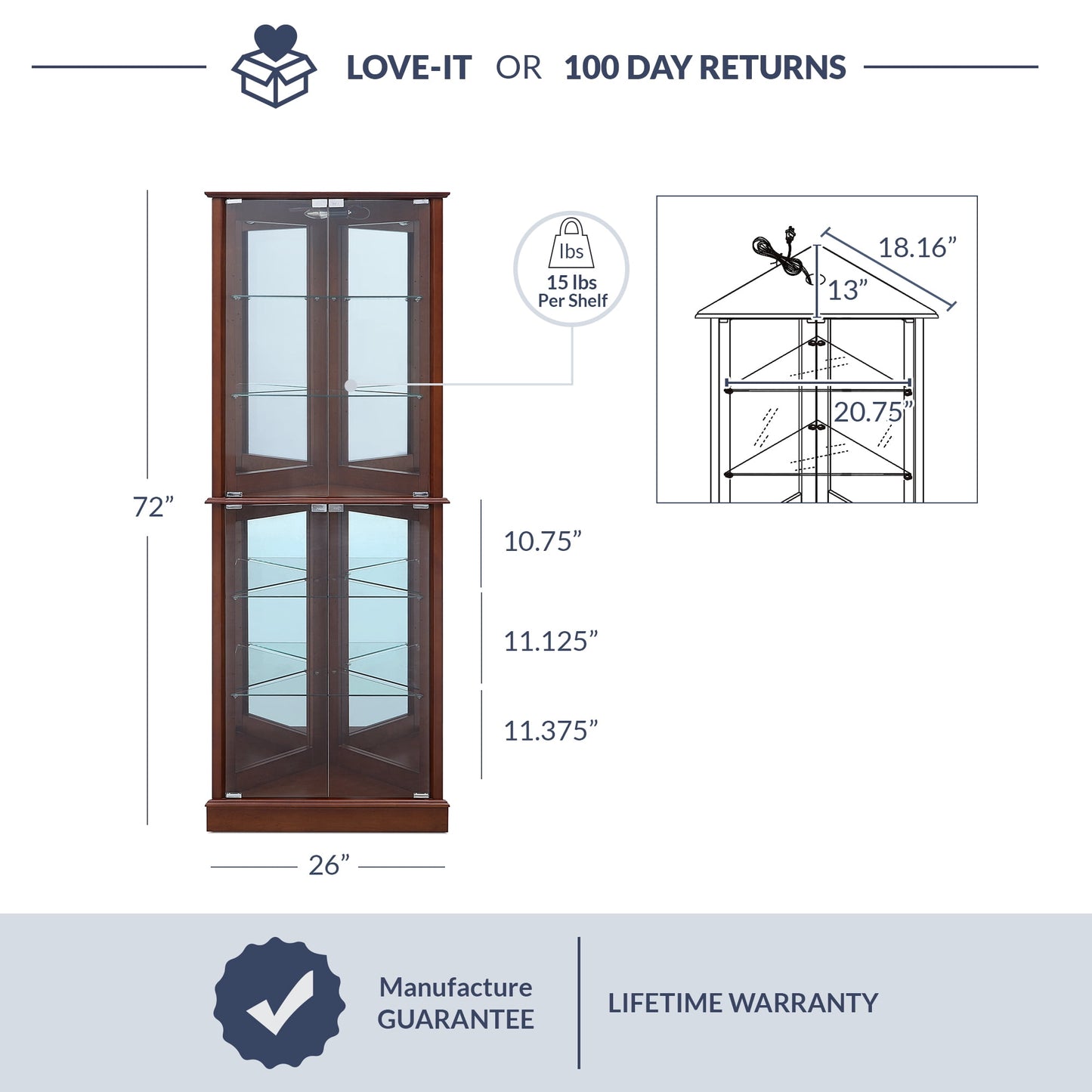 BELLEZE Woody Lighted Corner Curio Cabinet Tempered Glass Door 6 Shelves, Walnut