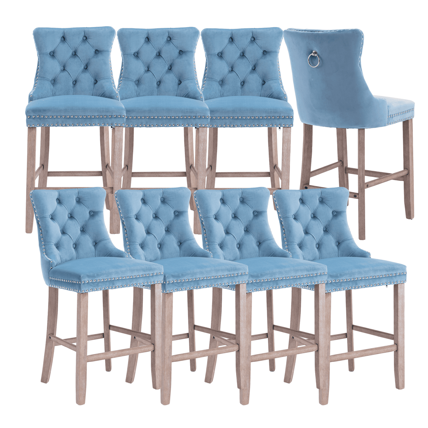 27in Contemporary Padded Bar Stools, Tufted Velvet Upholstered Barstools with Button Tufted Decoration, Chrome Nailhead Trim, Footrest and Solid Wood Legs (Light Blue,Set of 4)