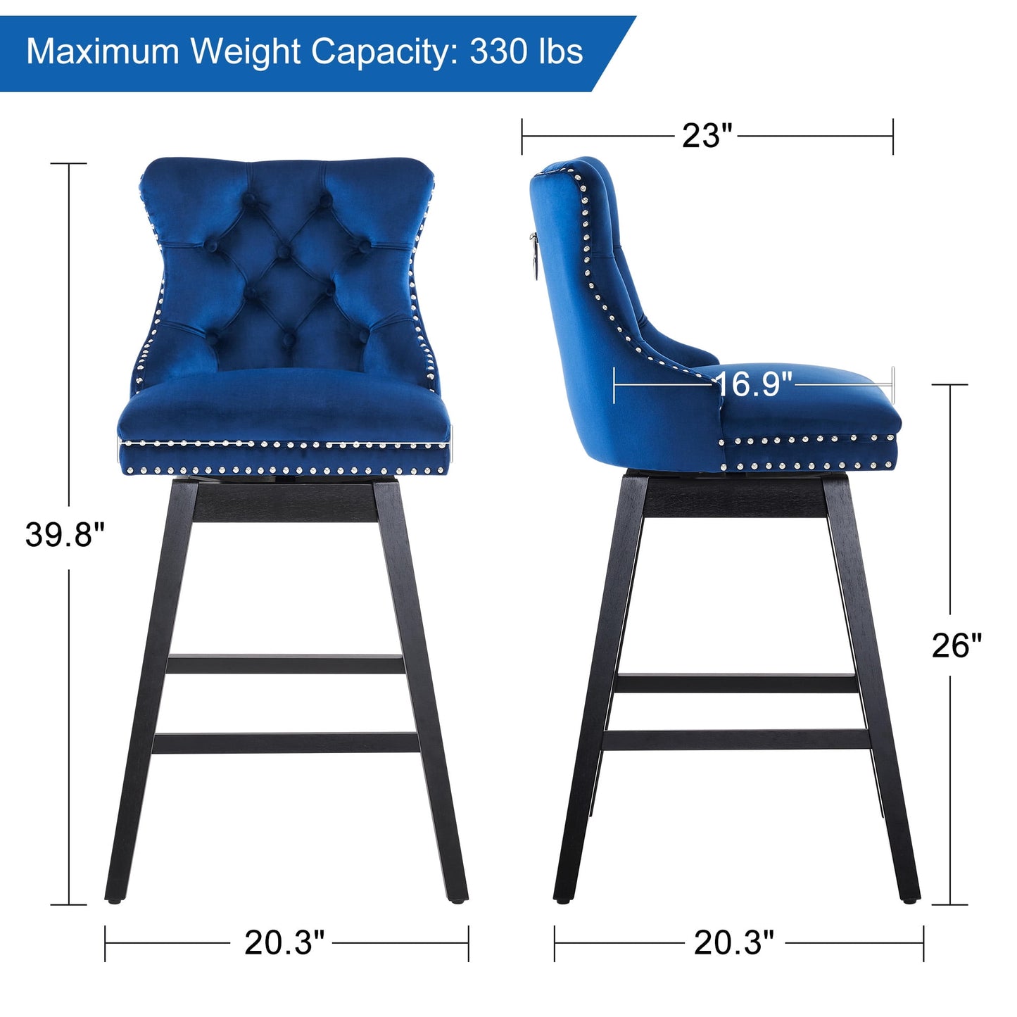 TEWLOSS Swivel Counter Height Bar Stools Set of 2 Velvet Barstools for Kitchen Island (26in , Blue)