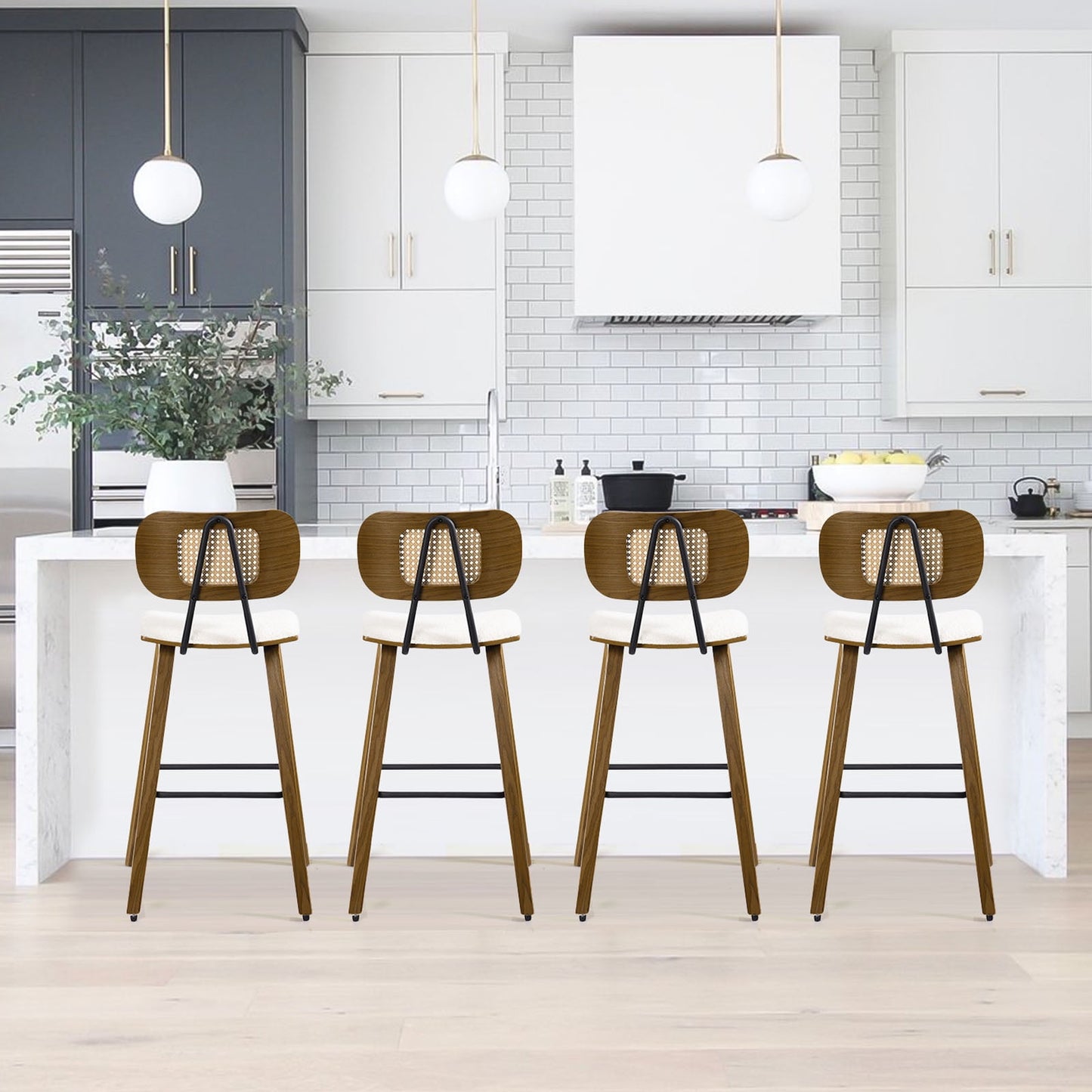 27.2in Counter Height Bar Stools with Rattan Back Set of 2, Mid Century Modern Wooden Stool PU Leather Upholstered Bar Chair for Kitchen Island Dining Room , White