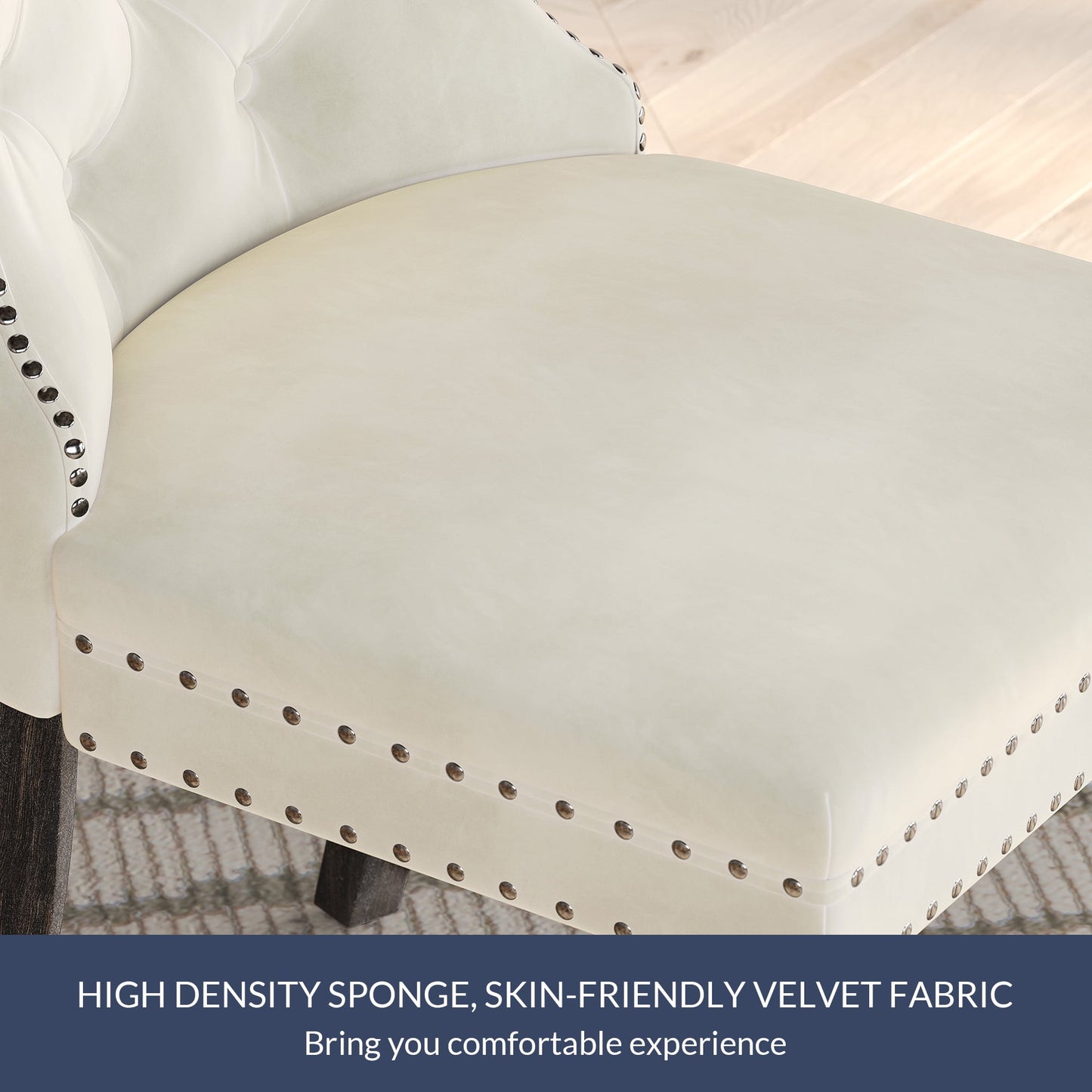 BELLEZE Upholstered Dining Chairs Set of 4, Velvet Luxury Dining Room Chairs with Button Back, Nailhead Trim, Pull-ring, Solid Wood Legs for Kitchen, Living Room, Restaurant - Chandler (Beige)