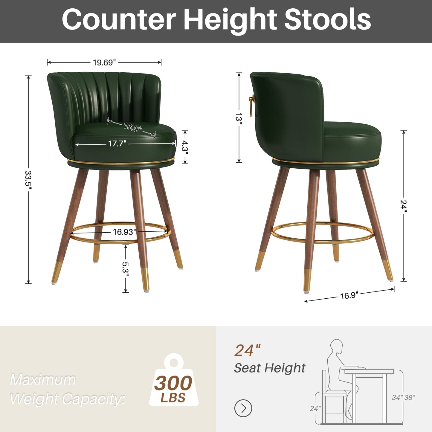 Leather 24 Bar Stools Set of 4 Swivel Pub Chairs with Curved Back, Wooden Legs, Green