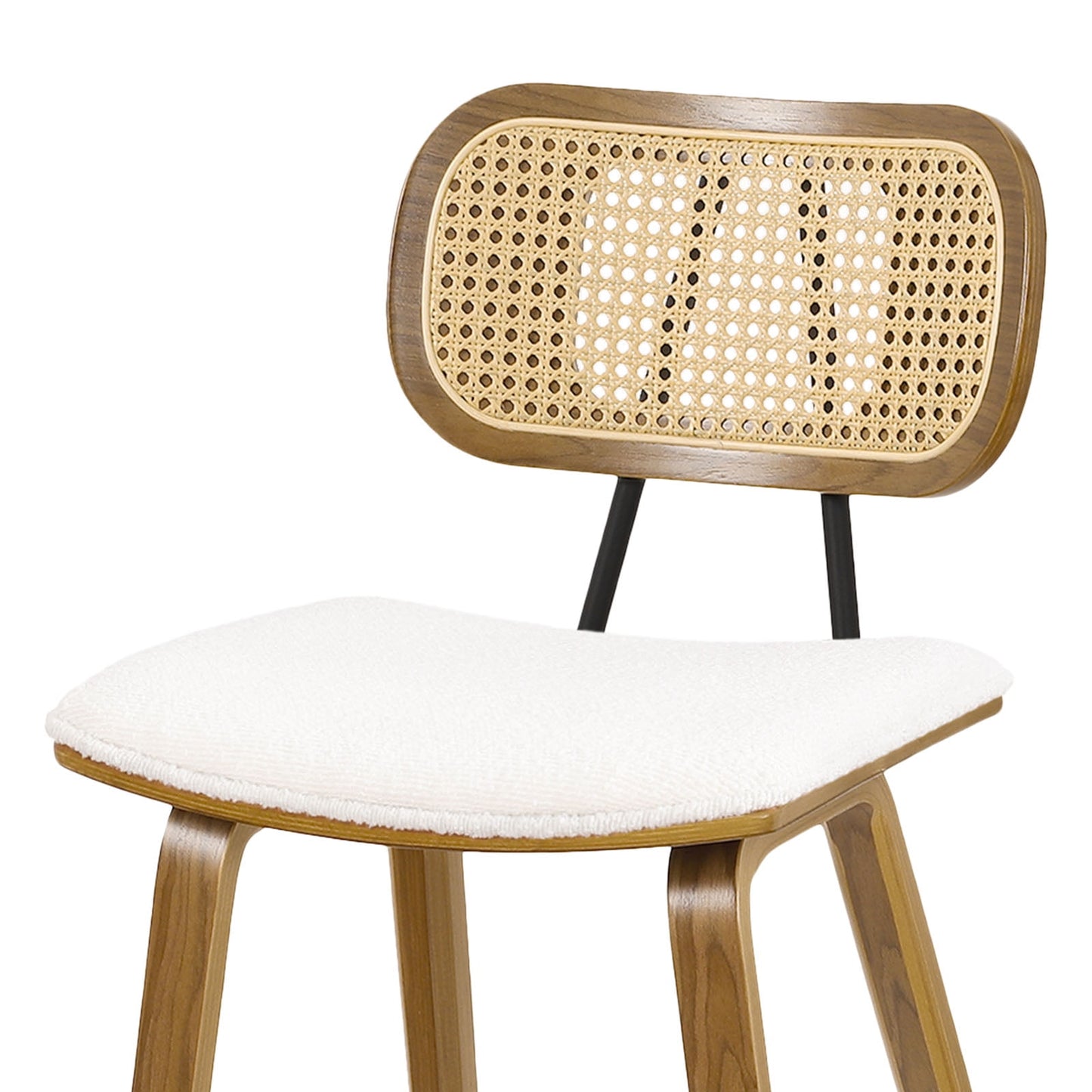 26in Counter Height Bar Stools with Rattan Back Set of 1, Mid Century Modern Wooden Stool Boucle Fabric Upholstered Bar Chair for Kitchen Island Dining Room