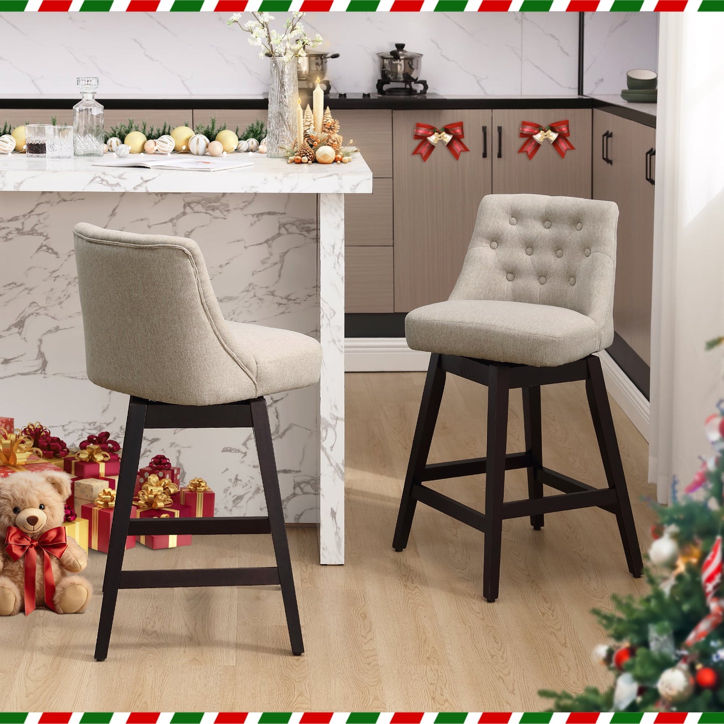 TEWLOSS Swivel Bar Stools Set of 2 Linen Fabric Barstools for Kitchen Island (29in , Beige)