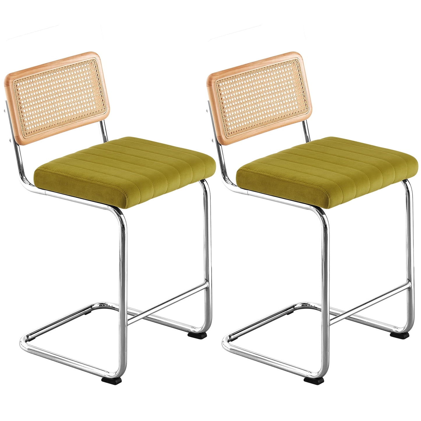 26in Rattan Bar Stools, Set of 2, Rattan Counter Height Velvet Armless Bar Stools with Cane Back for Home Office Kitchen Island