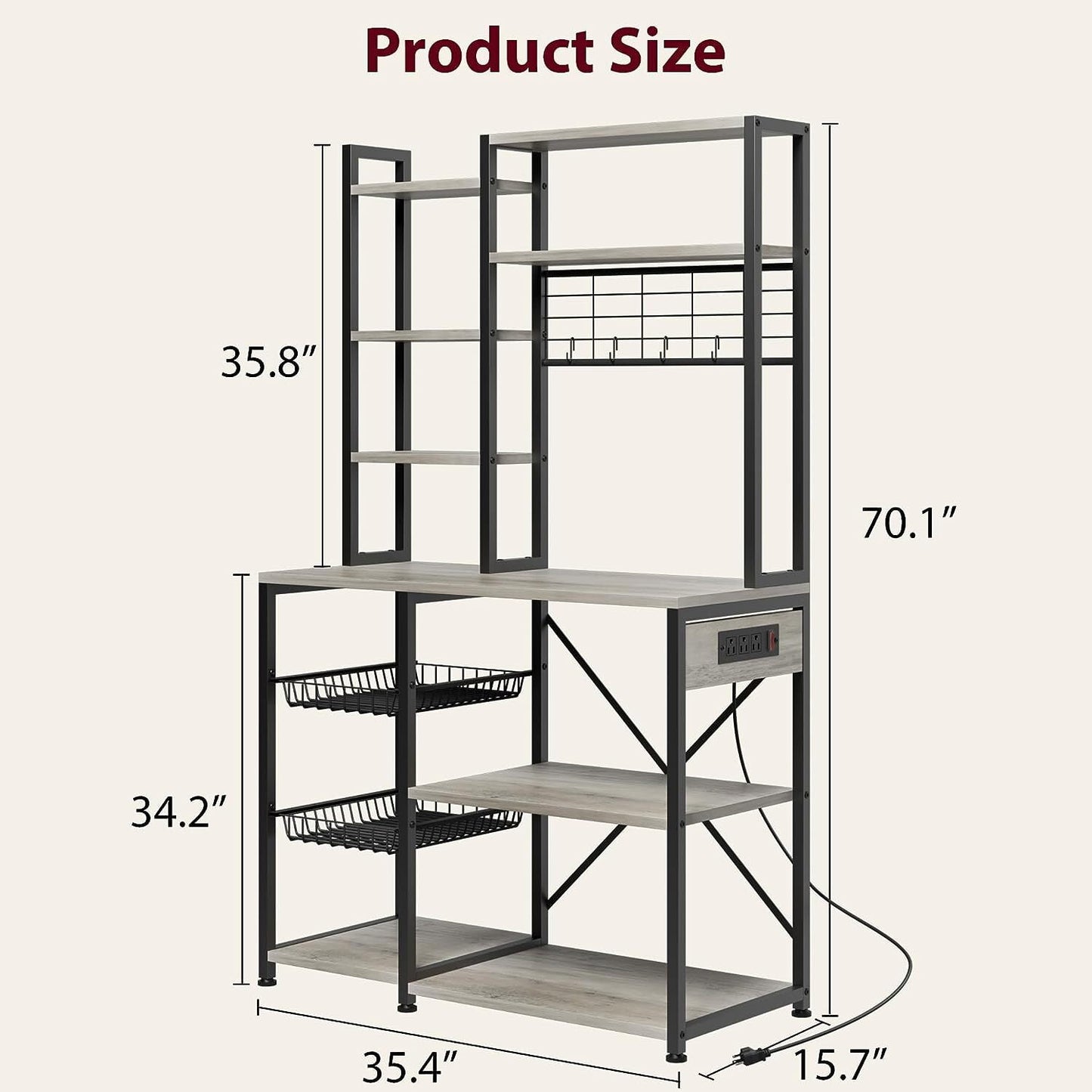 Towallmark Bakers Rack with 3 Power Outlets, 35.4 Inch for Microwave Stand Kitchens with Storage, Kitchen Rack, Kitchen Stand, Coffee Stand Bar, Grey