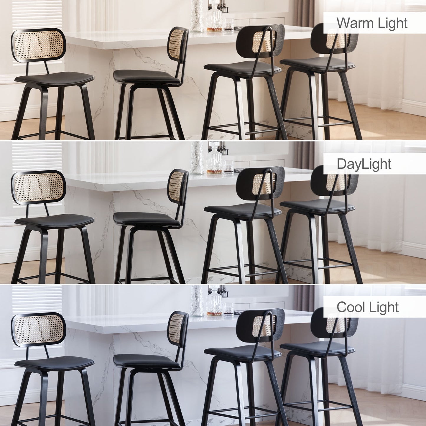 26in Counter Height Bar Stools with Rattan Back Set of 2, Mid Century Modern Wooden Stool PU Leather Upholstered Bar Chair for Kitchen Island Dining Room