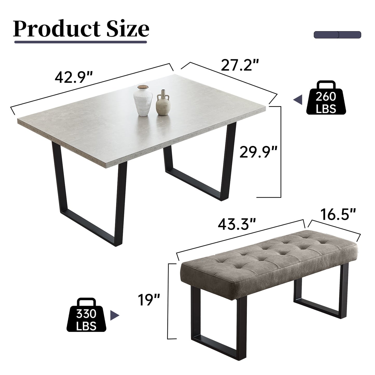 Modern 3-Piece Space Saving Farmhouse Dining Set - Table with Corner Bench and 43.3 Inch Dinner Bench