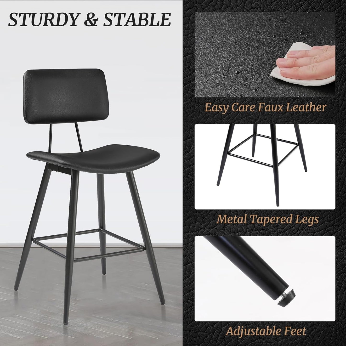 Dycanpo 24.5in Counter Height Bar Stools Set of 4, Faux Leather Upholstered Barstools, Black