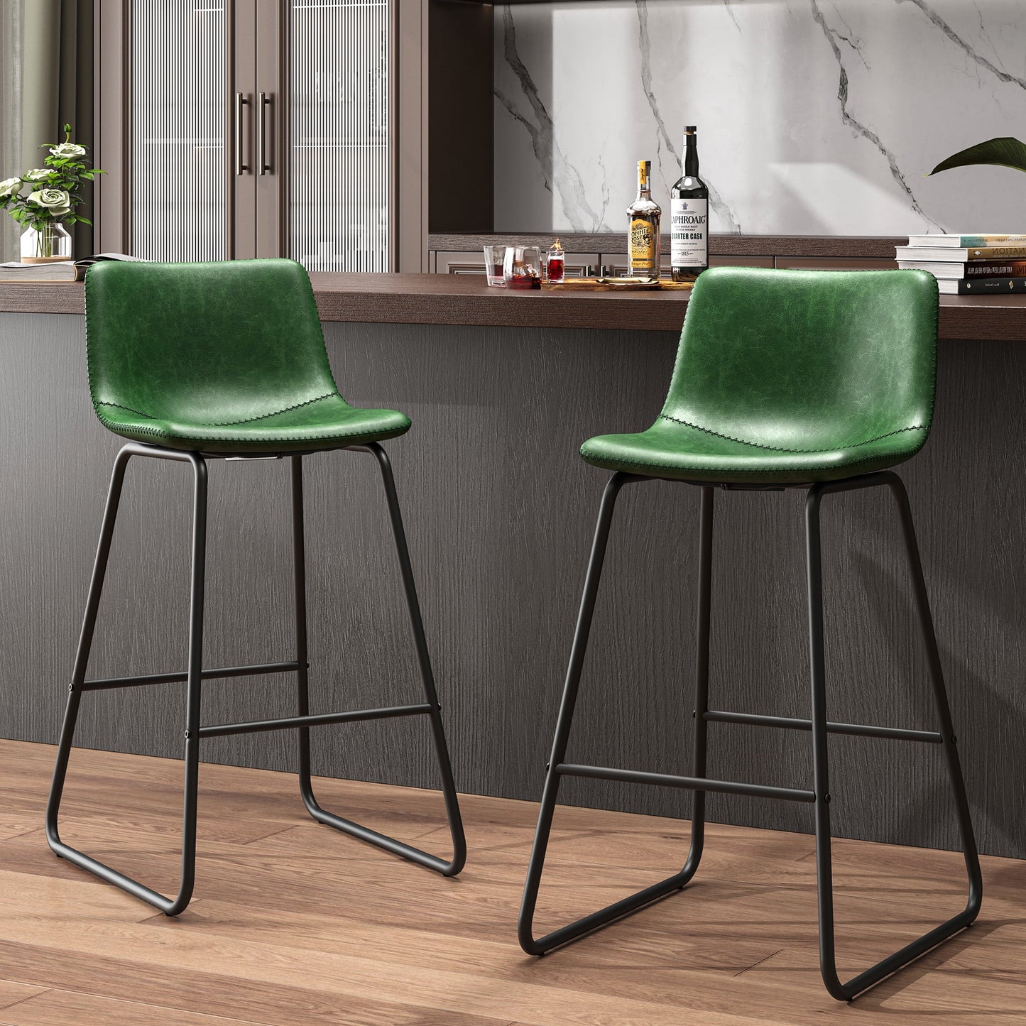 YaFiti Bar Stools 26in Faux Leather Counter Height Barstools with Back Set of 4, Modern Counter Stools with Metal Legs and Footrest, Armless Chairs with Back for Kitchen Living Room Pub, Green
