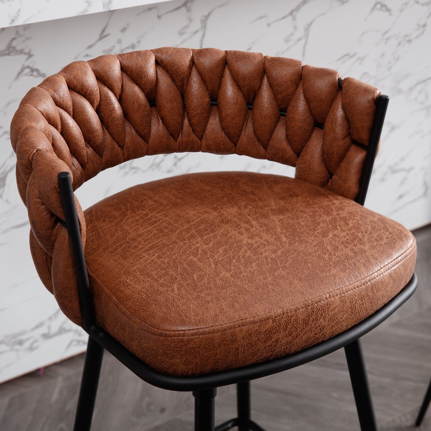 26in Barstool Set of 2, 180?? Swivel Upholstered Barstools, Counter Height Bar Stool with Woven Back and Footrest, Suede Fabric Bar Chairs for Kitchen Island Restaurants, Whiskeybrown