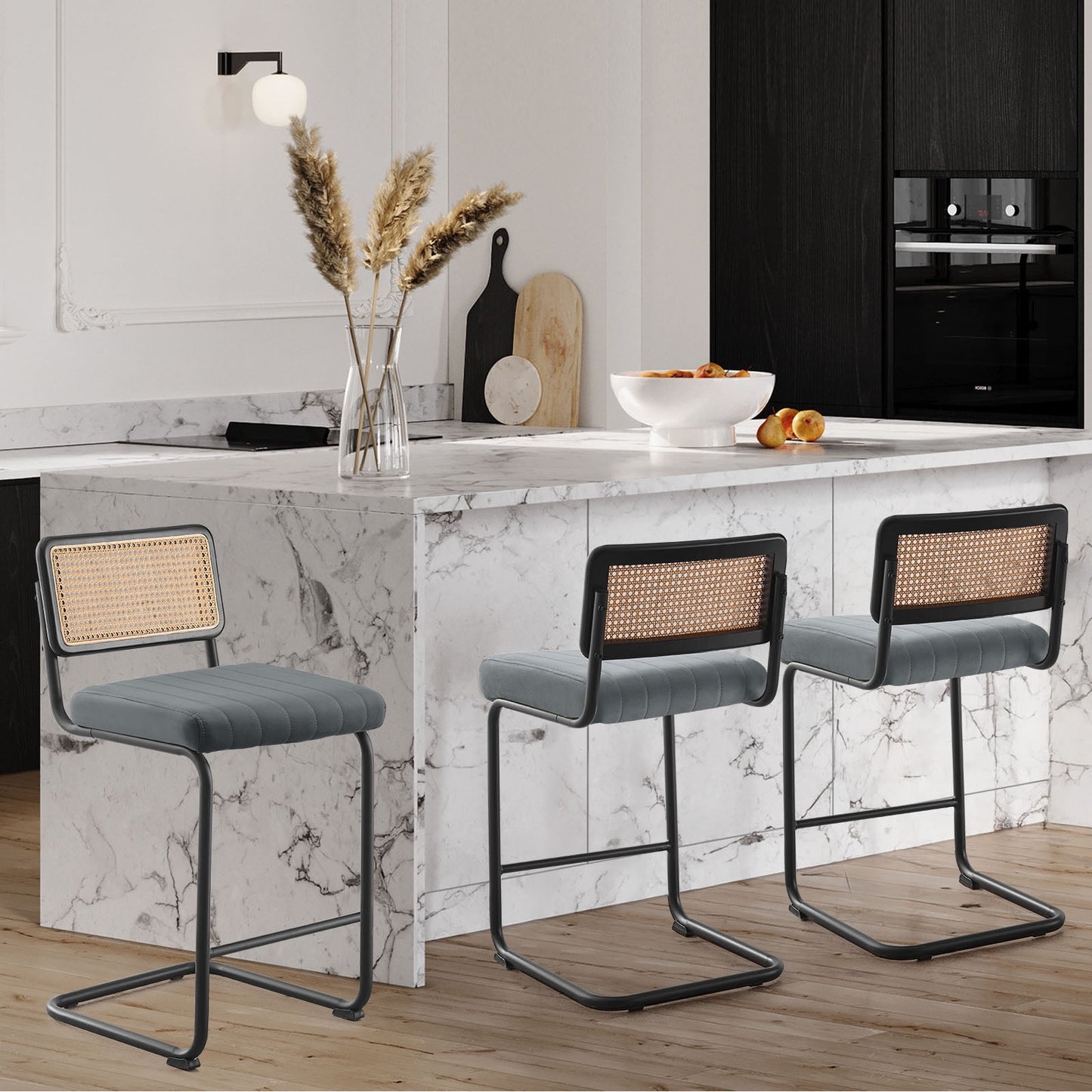 26in Rattan Counter Height Bar Stools, Set of 2, Velvet Armless Bar Stools with Cane Back Mid Century Modern Chair for Home Office Kitchen Island