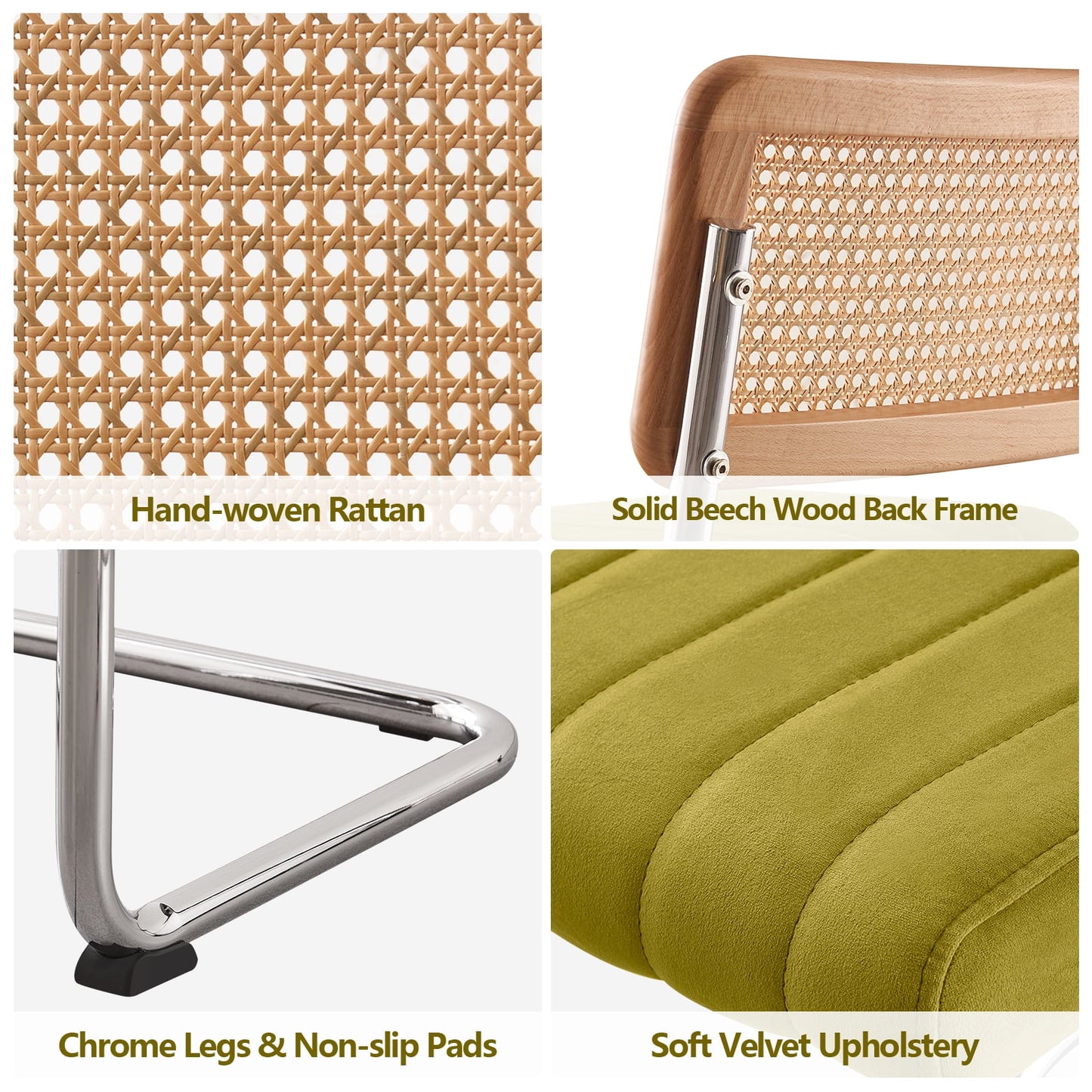 26in Rattan Bar Stools, Set of 2, Rattan Counter Height Velvet Armless Bar Stools with Cane Back for Home Office Kitchen Island