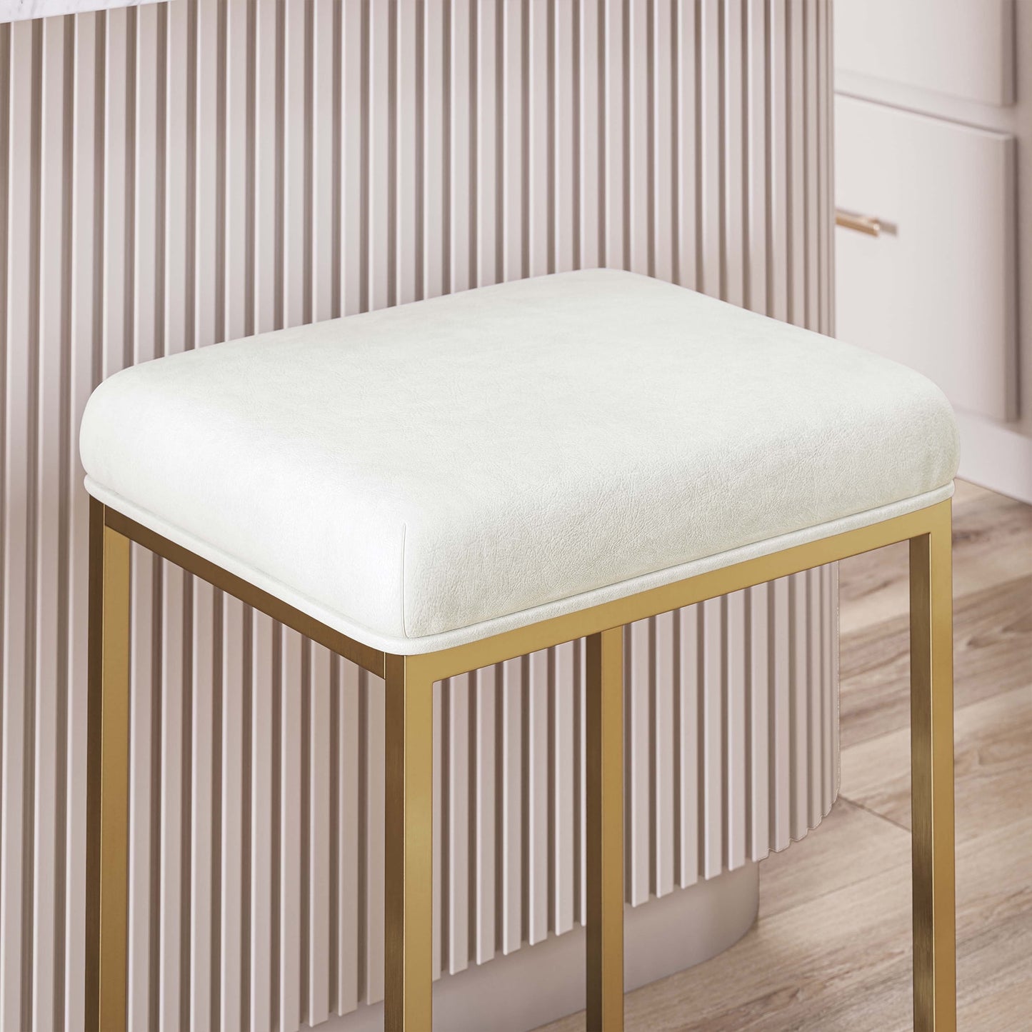 BELLEZE 24in Backless Bar Stools Set of 4, Counter Height Barstools, Modern Upholstered PU Leather Counter Stools with Metal Base Kitchen Island Chairs Dining Chair, White & Gold