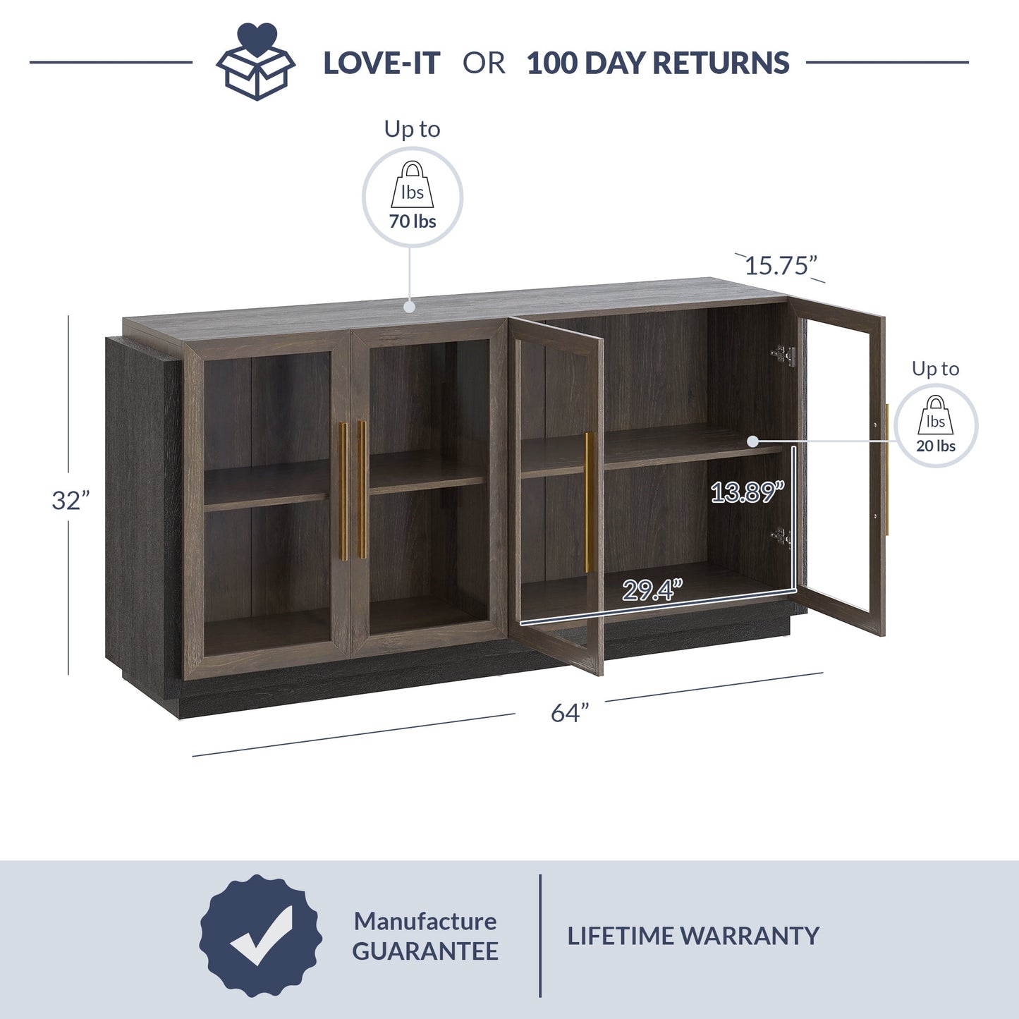 BELLEZE Sideboard, Modern Wood & Glass, Kitchen/Dining Room Furniture - Brixston, Brown
