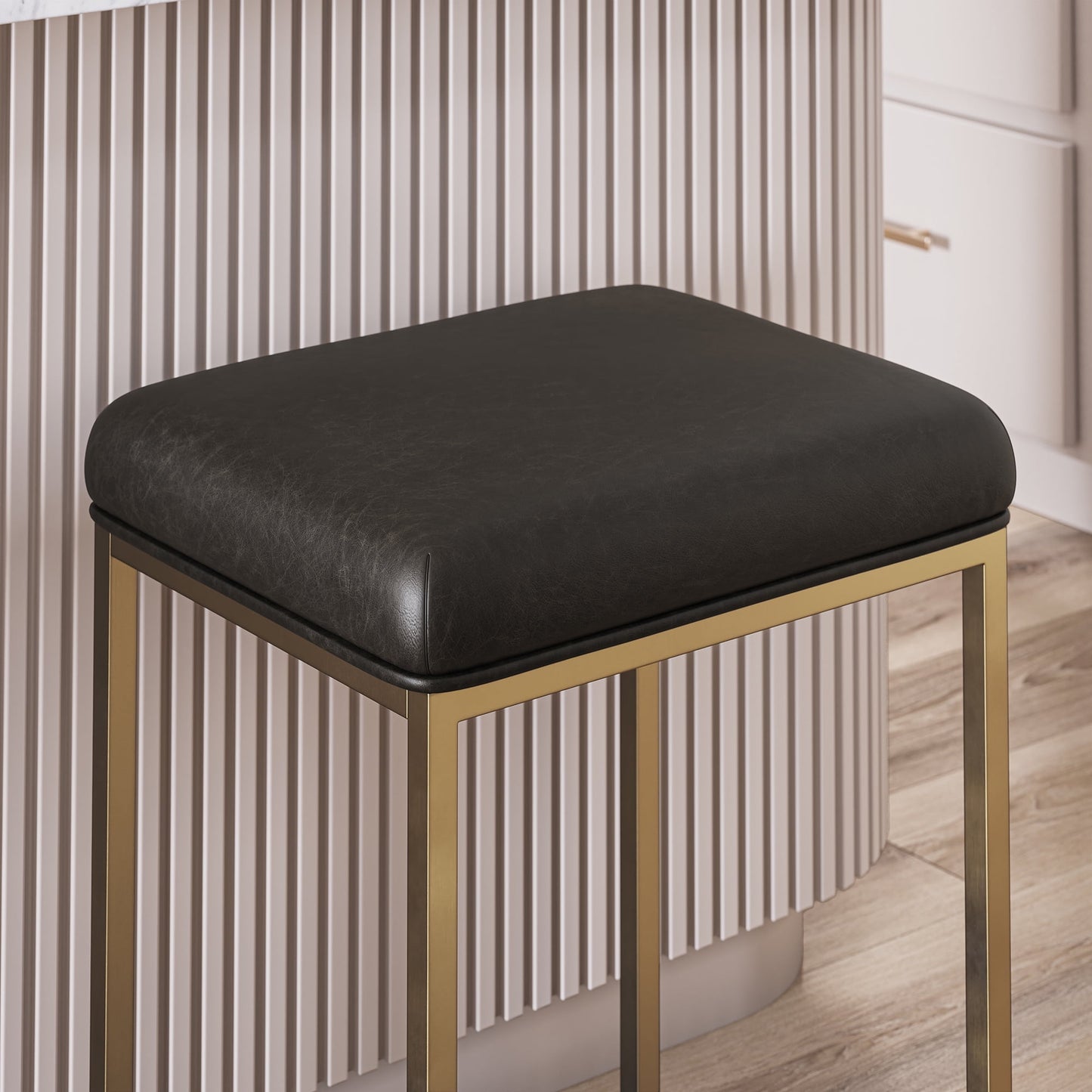 BELLEZE 30in Bar Height Bar Stools Set of 4, PU Leather Backless Barstools, Modern Upholstered Kitchen Stools with Metal Base Kitchen Island Chairs for Bar Pub Bistro, Grey & Gold