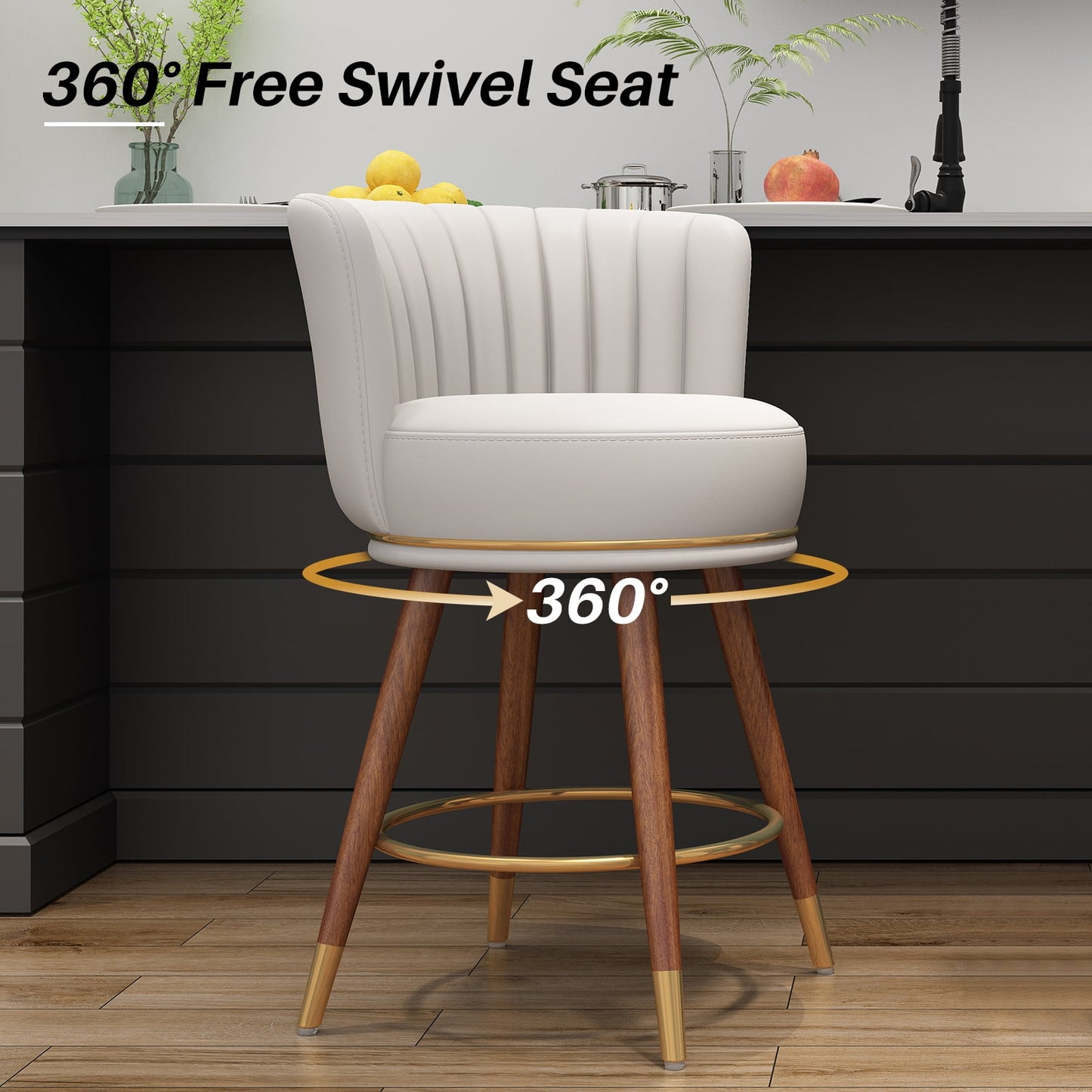 Set of 4 Leather 24 Swivel Bar Stools with Curved Back and Wood Legs, Counter Height Pub Chairs, White