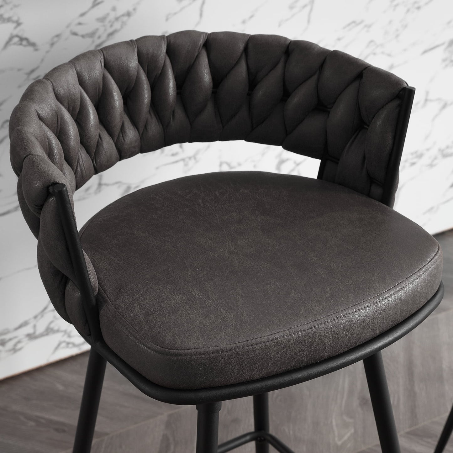 26in Bar Stool Set of 2, Modern Counter Height Barstools with Woven Back and Footrest, 180?? Swivel Suede Fabric Stool Chairs for Kitchen Island, Cafe, Pub, Blackgray