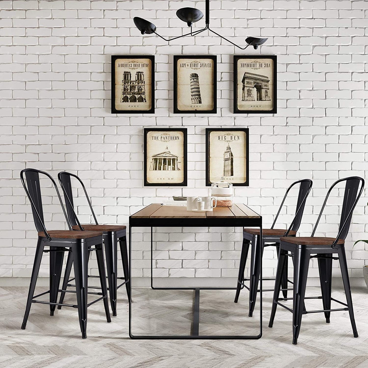 24Inch Seat Height Dining Stools Chairs with Wood Seat/Top and High Backrest, Industrial Metal Counter Height Stool, Modern Kitchen Dining Bar Chairs Rustic, Black, Set of 4