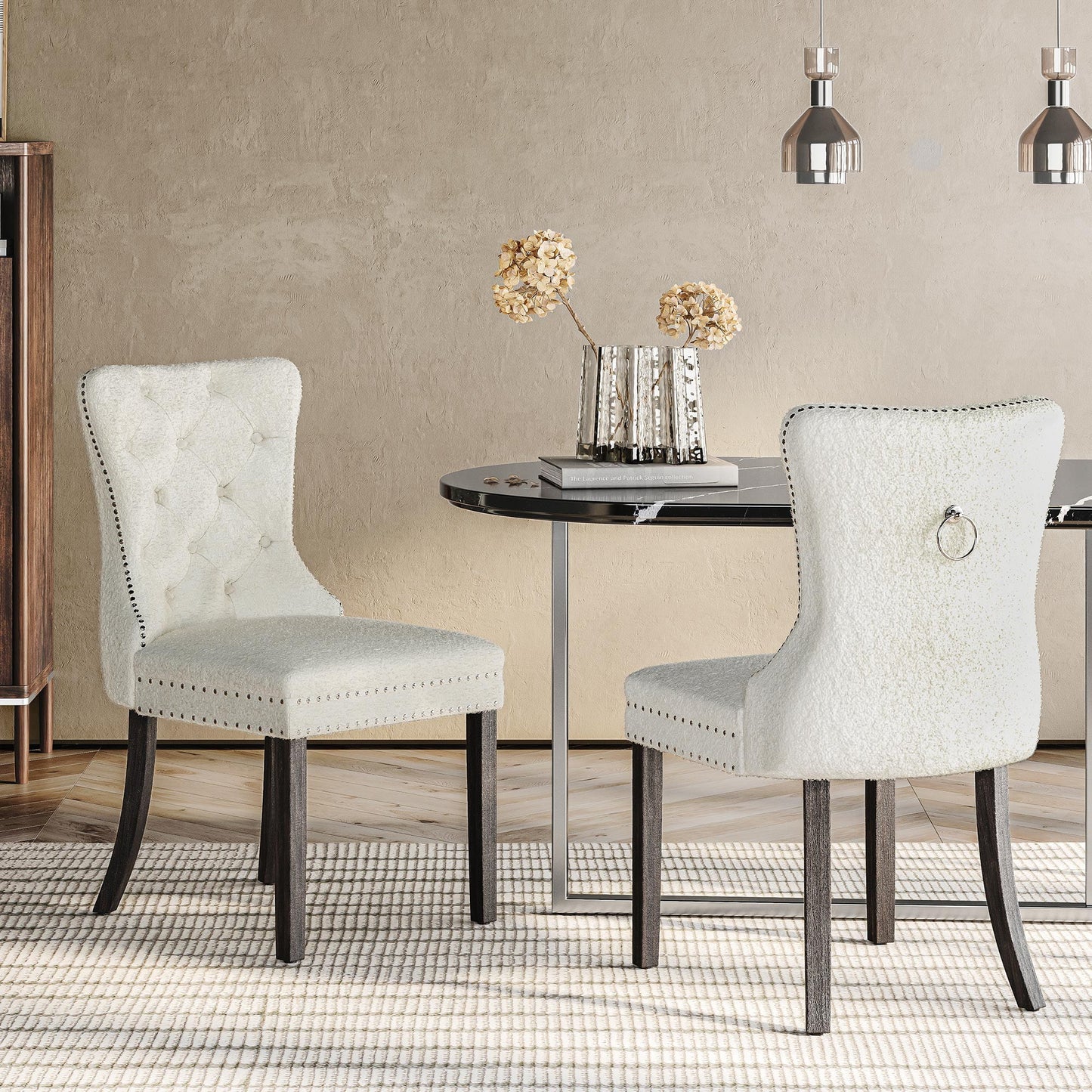 BELLEZE Upholstered Dining Chairs Set of 2, Teddy Fleece Luxury Dining Room Chairs with Button Back, Nailhead Trim, Pull-ring, Solid Wood Legs for Kitchen, Living Room, Restaurant - Chandler (White)