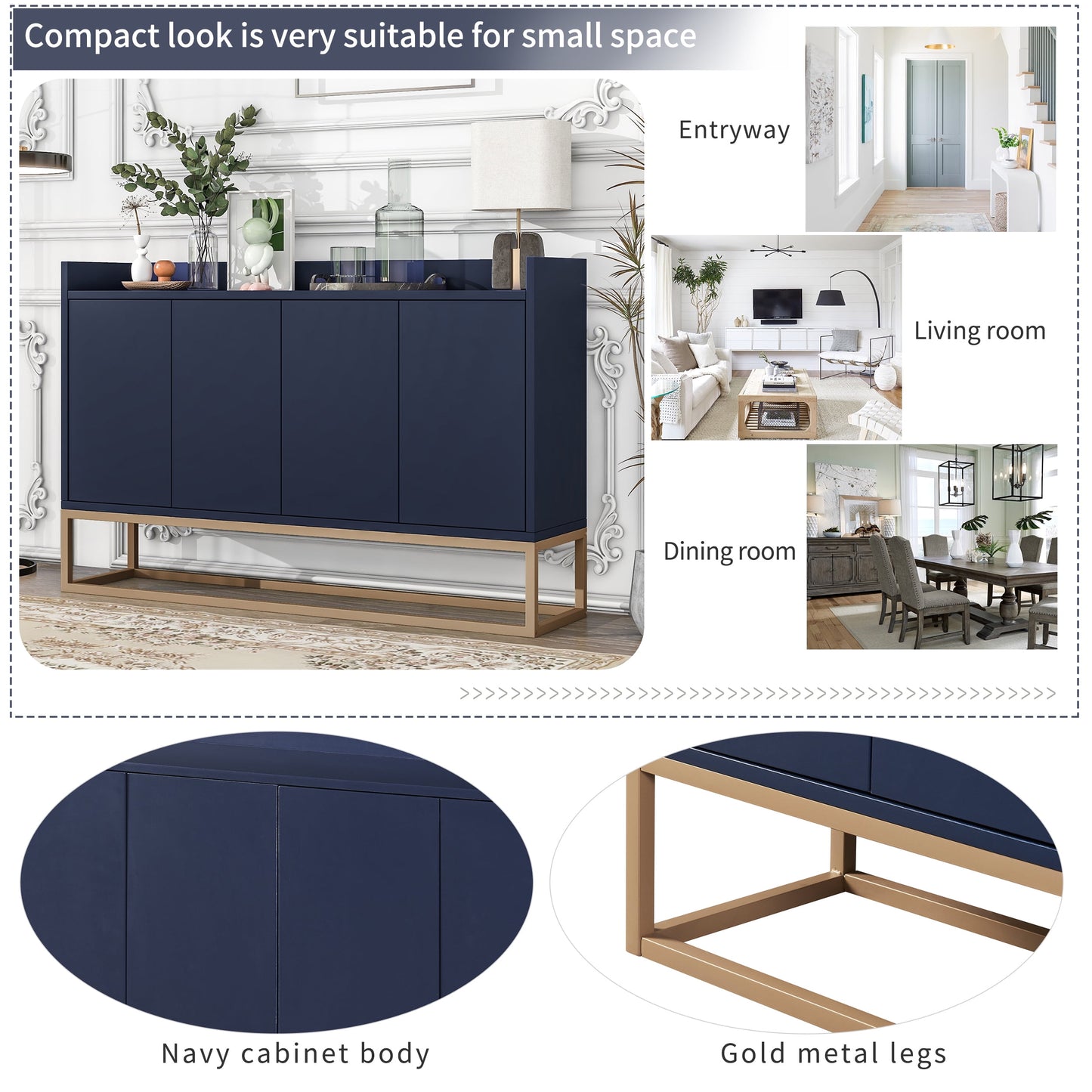 TRIPLE TREE, 47in Modern Storage Cabinet, Console Table with 4 Doors & Gold Metal Base,Entryway Cupboard Furniture, Navy