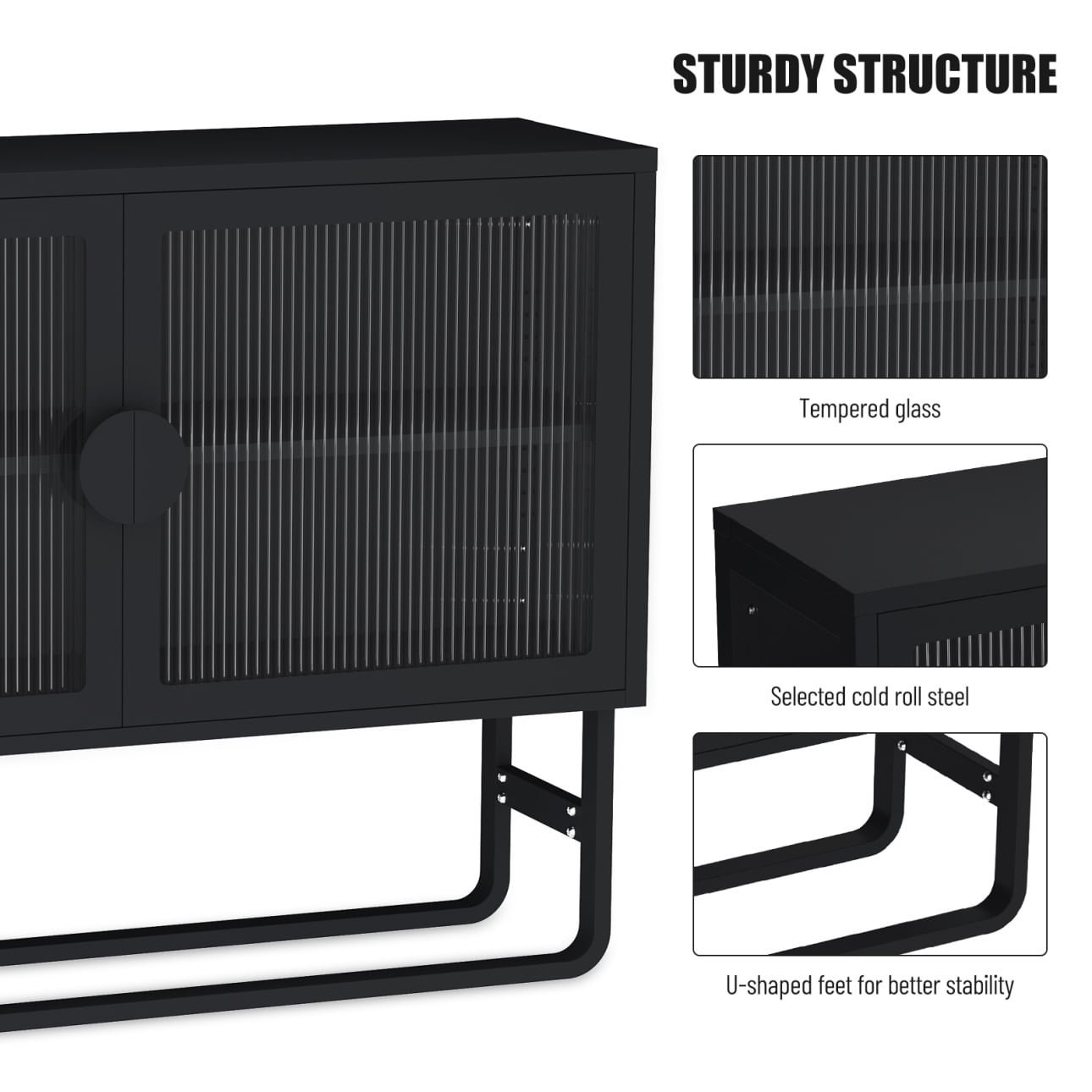 2-Tier Stylish Tempered Glass Cabinet, Fluted Glass Sideboard Buffet Cabinet with 2 Door, Modern Enclosed Cupboard Adjustable Shelf U-shaped Leg for Kitchen Living Room ,Blue