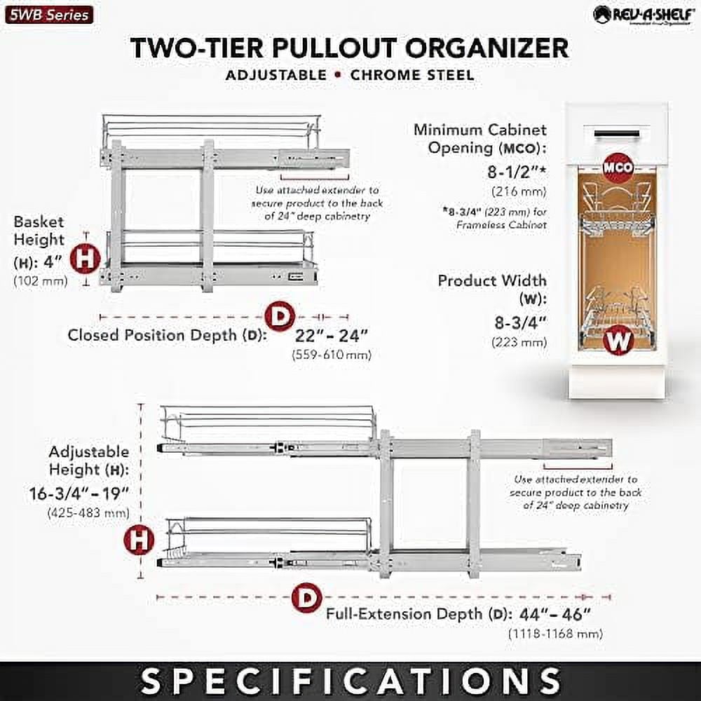 2-Tier Kitchen Cabinet Pull Out and Drawer Organizer Slide Out Pantry Basket in Multiple Sizes 9 x 22 In 5WB2-0922CR-1