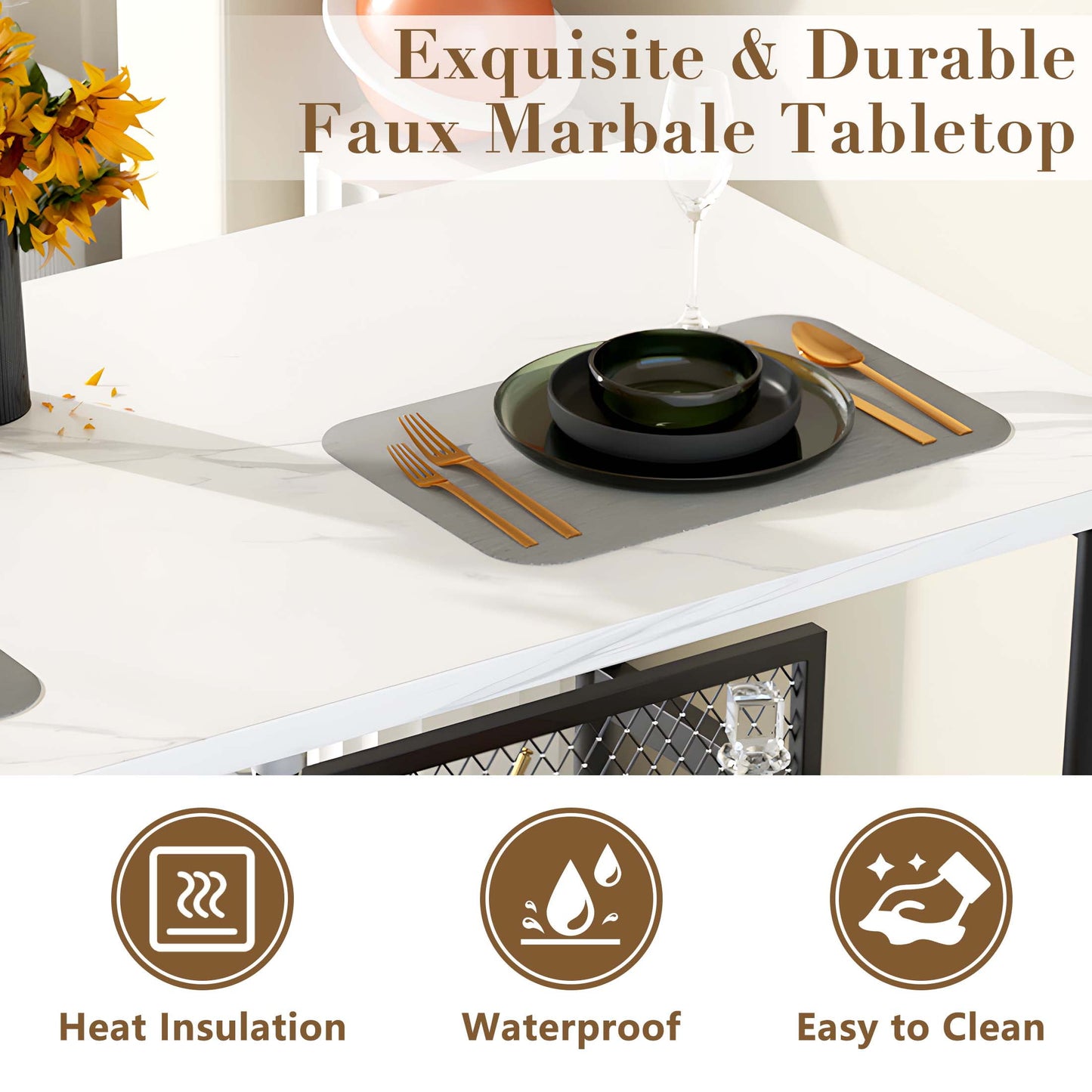 Kitchen Island With Seating, Faux Marble Counter Height Dining Set for 2, 3 Piece Dining Pub Set with Storage, Small Bar Dining Table Sets for Breakfast Nook with Upholstered Chairs, Brown