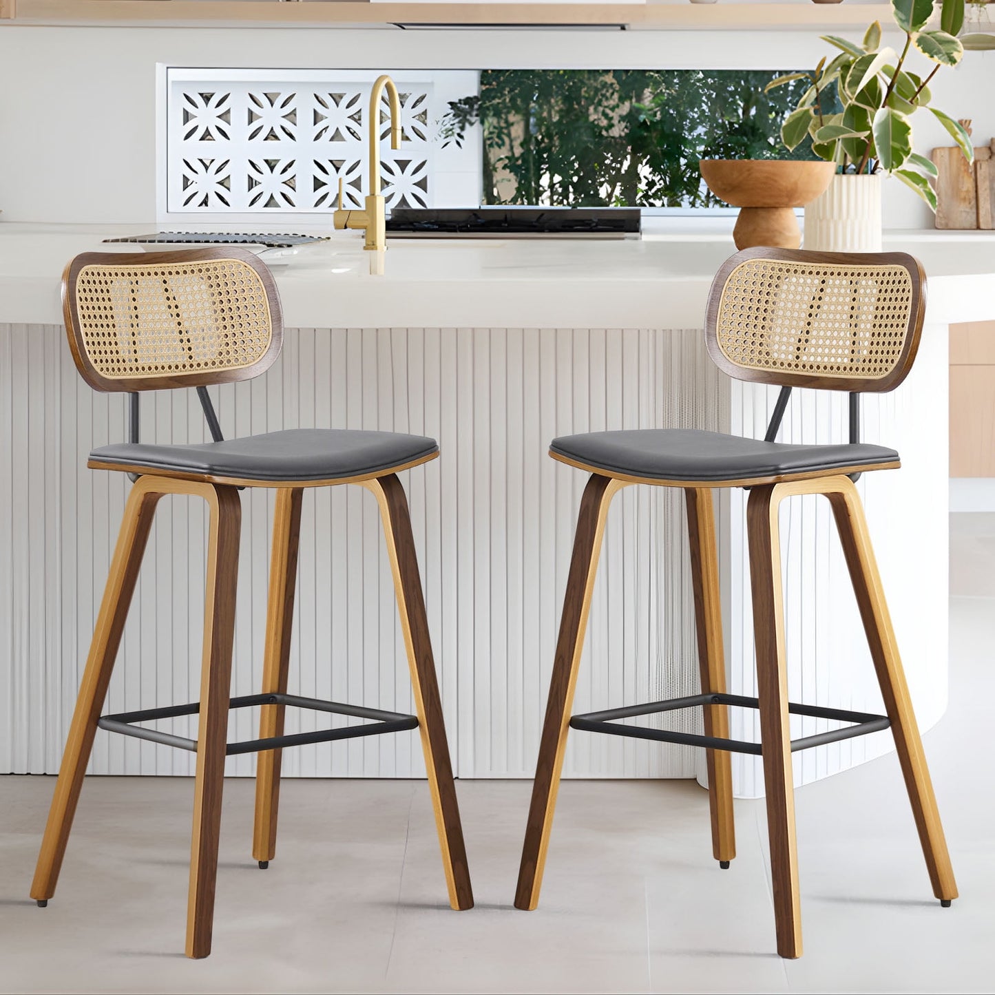 26in Counter Height Bar Stools with Rattan Back Set of 1, Mid Century Modern Wooden Stool PU Leather Upholstered Bar Chair for Kitchen Island Dining Room