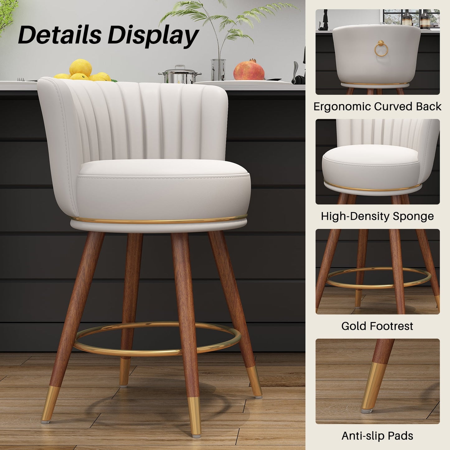 Set of 4 Leather 24 Swivel Bar Stools with Curved Back and Wood Legs, Counter Height Pub Chairs, White