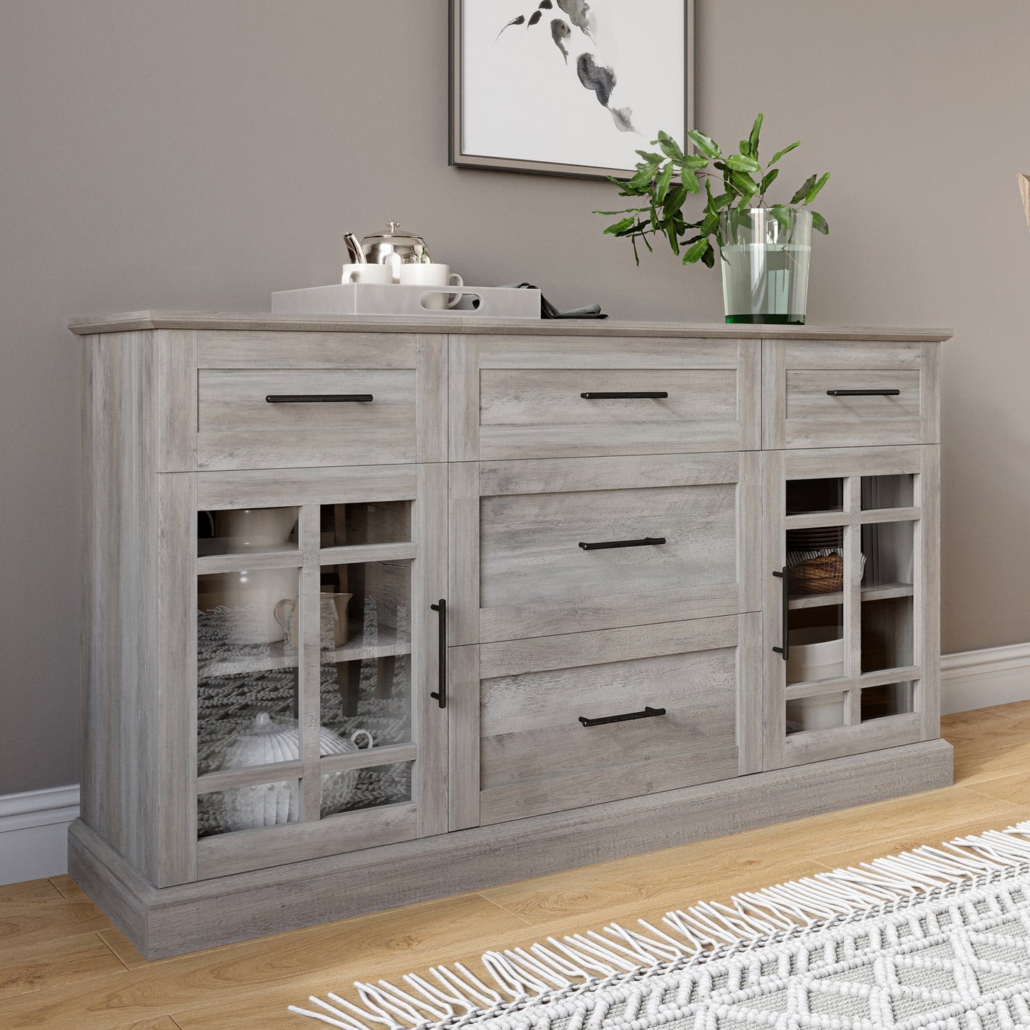 BELLEZE Modern Farmhouse Industrial Style Sideboard Buffet Console Table, Versatile Media Cabinet With Drawers And Adjustable Shelves - Astorga (Gray Wash)