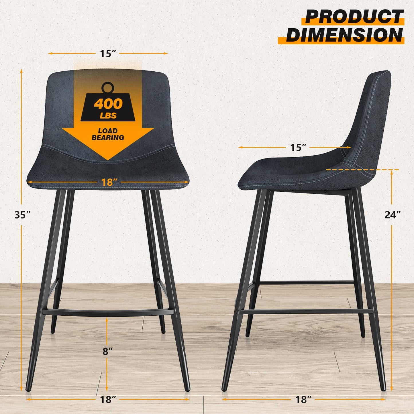 24in Tech Cloth Counter Height Bar Stools with Backs, Navy Blue, Set of 2